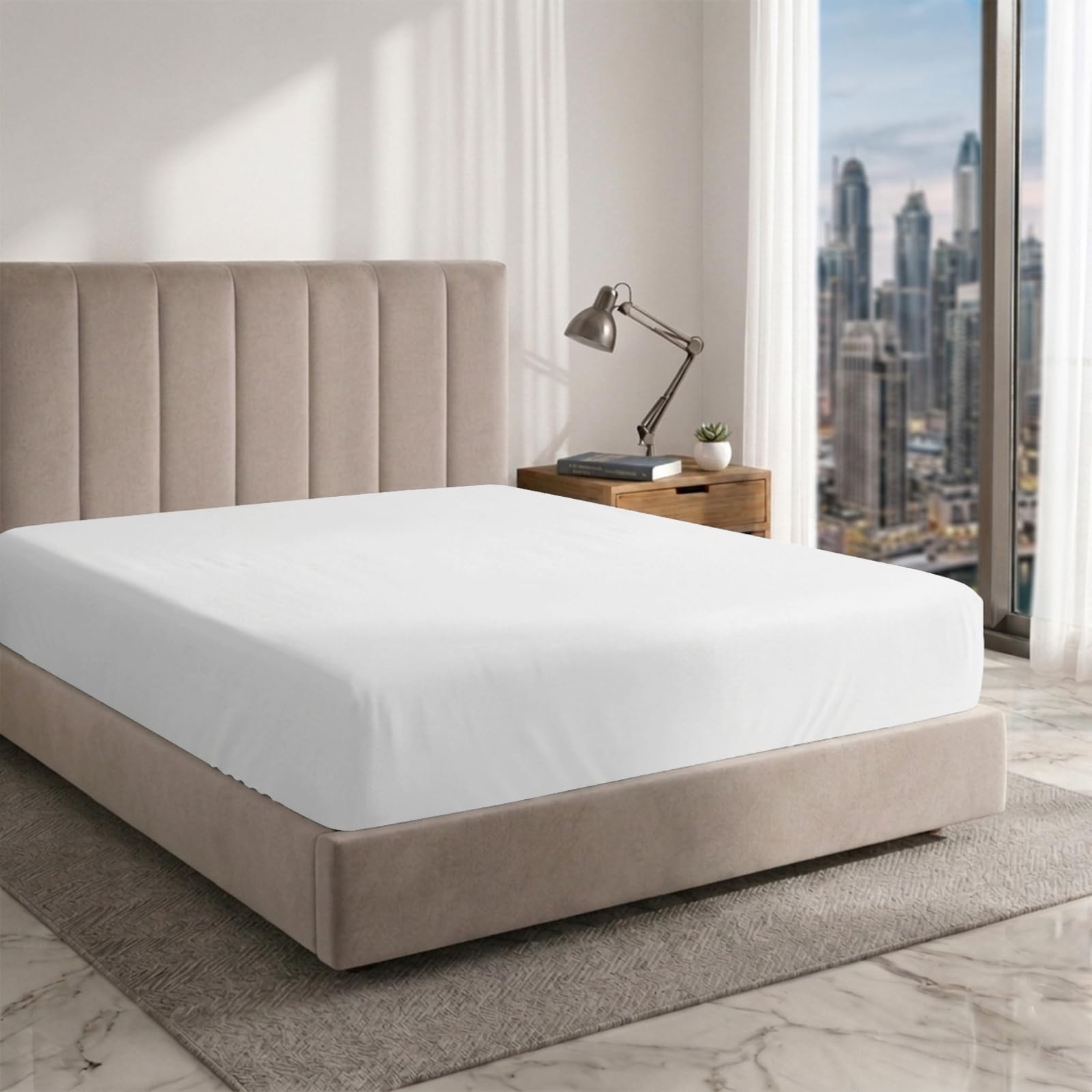 Pizuna Whitesmoke Pure Combed Cotton Emperor Fitted Sheets 600 Thread Count 100% Long Staple Cotton Emperor Fitted Sheets 200X200cm, Sateen Weave Emperor Fitted Sheet Extra Deep 40 Cm 1 Pc