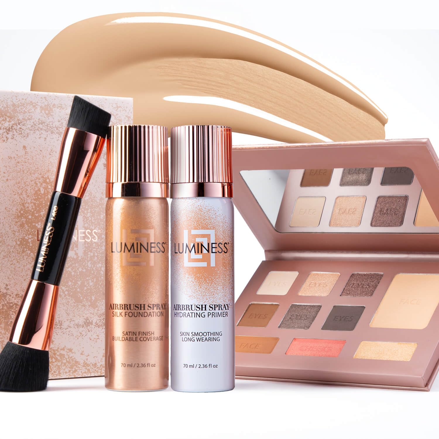 LUMINESS Complete Makeup Kit – Includes Face Palette, Airbrush Foundation, Primer and Brush – Silky, Long-Wearing, Easy to Blend, Perfect Makeup for Older Women, 4-PC Make Up Set (02 – Fair)