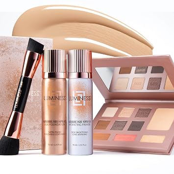 LUMINESS Complete Makeup Kit - Includes Face Palette, Airbrush Foundation, Primer and Brush - Silky, Long-Wearing, Easy to Blend, Perfect Makeup for Older Women, 4-PC Make Up Set (02 - Fair)