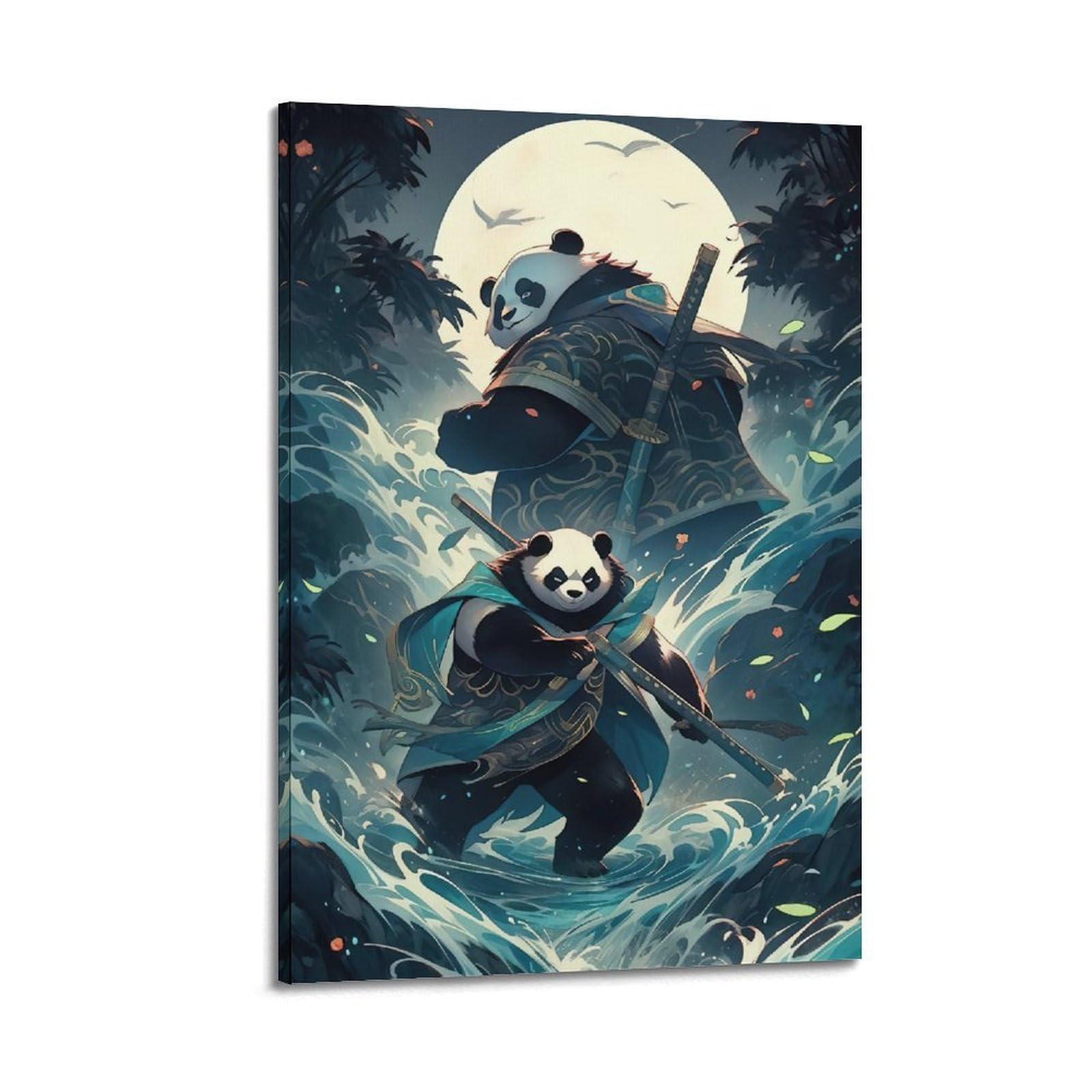 DLJGDS Simplistic Art of Panda Warriors by Moonlit Stream Decorative Painting Canvas Wall Posters And Modern Family Bedroom Decor 24x36inch(60x90cm)
