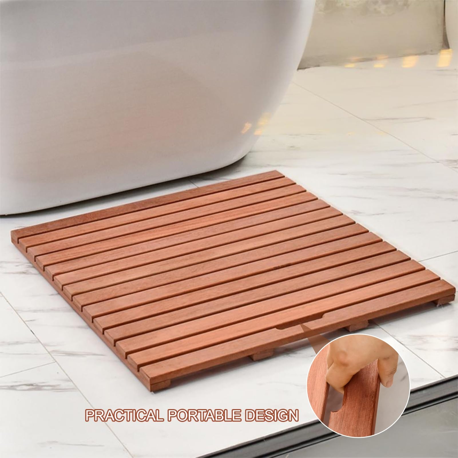 Rutschfeste Lar Teak-Duschbodenmatte mit Ablaufloch, 30 x 55 cm, Badematte für Innen- und Außenbereich, Wellnessbereich, Holz-Duschmatte für Badezimmer und Hof