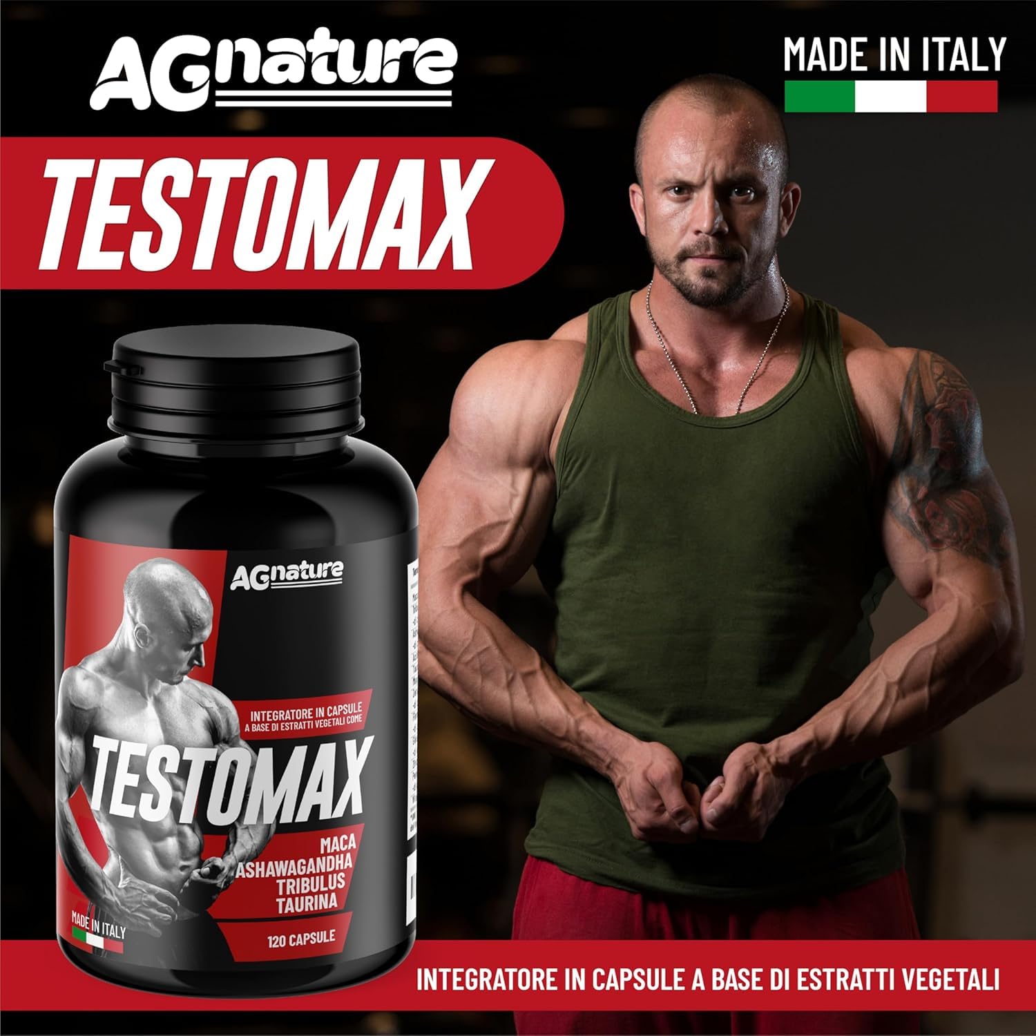 AG nature Testosterone Uomo Aumento Massa Muscolare x Palestra 120 Capsule | Integratore Forte Energizzante con Maca Peruviana, Magnesio, Zinco e Vitamina B6