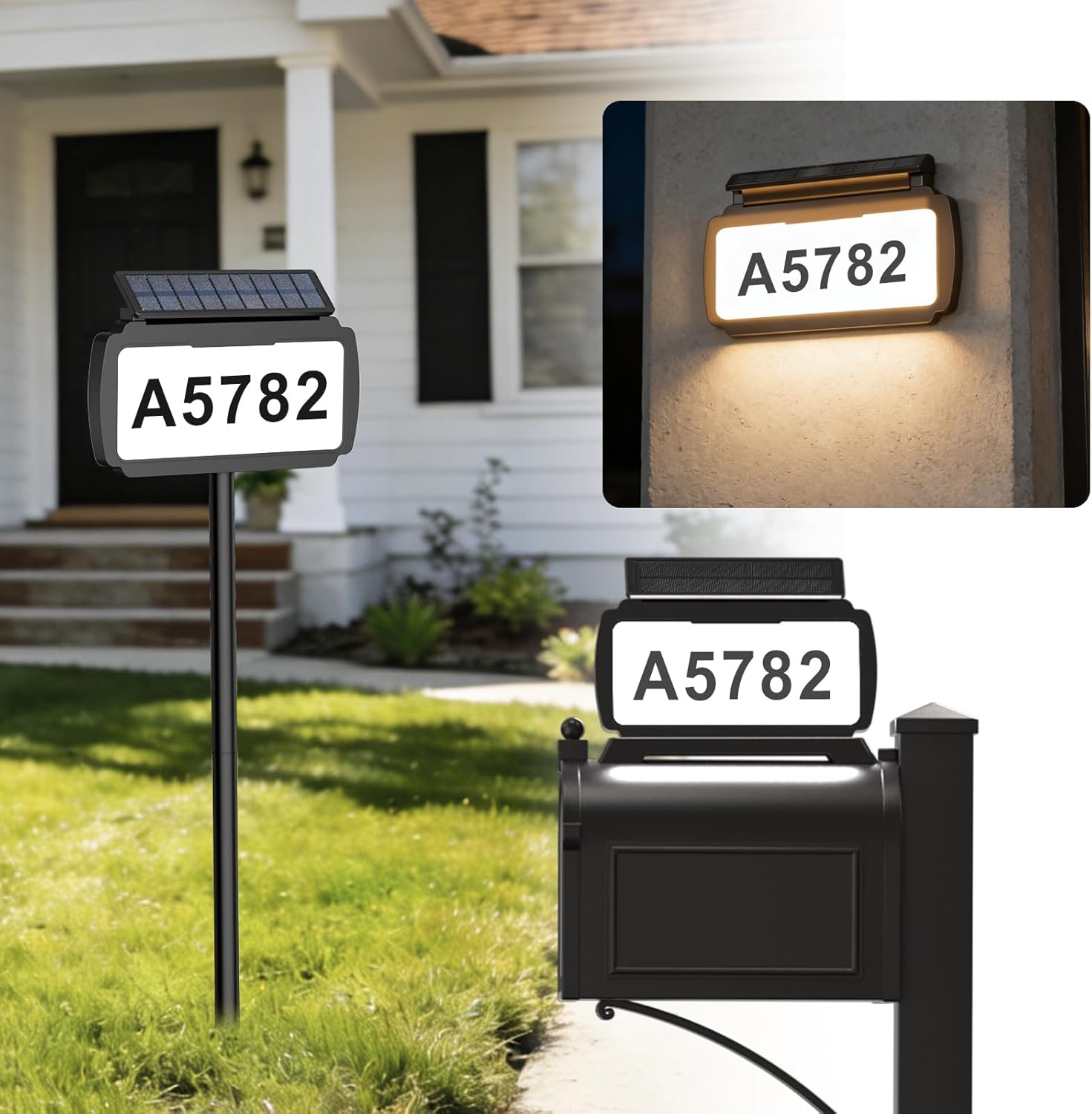 Solar Address Sign, Mailbox Numbers with 3 Mount Options, House Number Sign with 3 Color Options, IP54 Waterproof Solar House Numbers for Outside, Light on One Side, Only Lighted Plaque, Not Mailbox