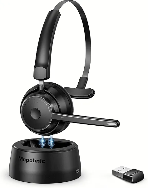Mopchnic Bluetooth Headset, Wireless Headphone with AI Noise-Canceling Microphone for Computer, On Ear Bluetooth Headset with USB Dongle for Office Call Center Skype Zoom Meeting Online Class (Black)