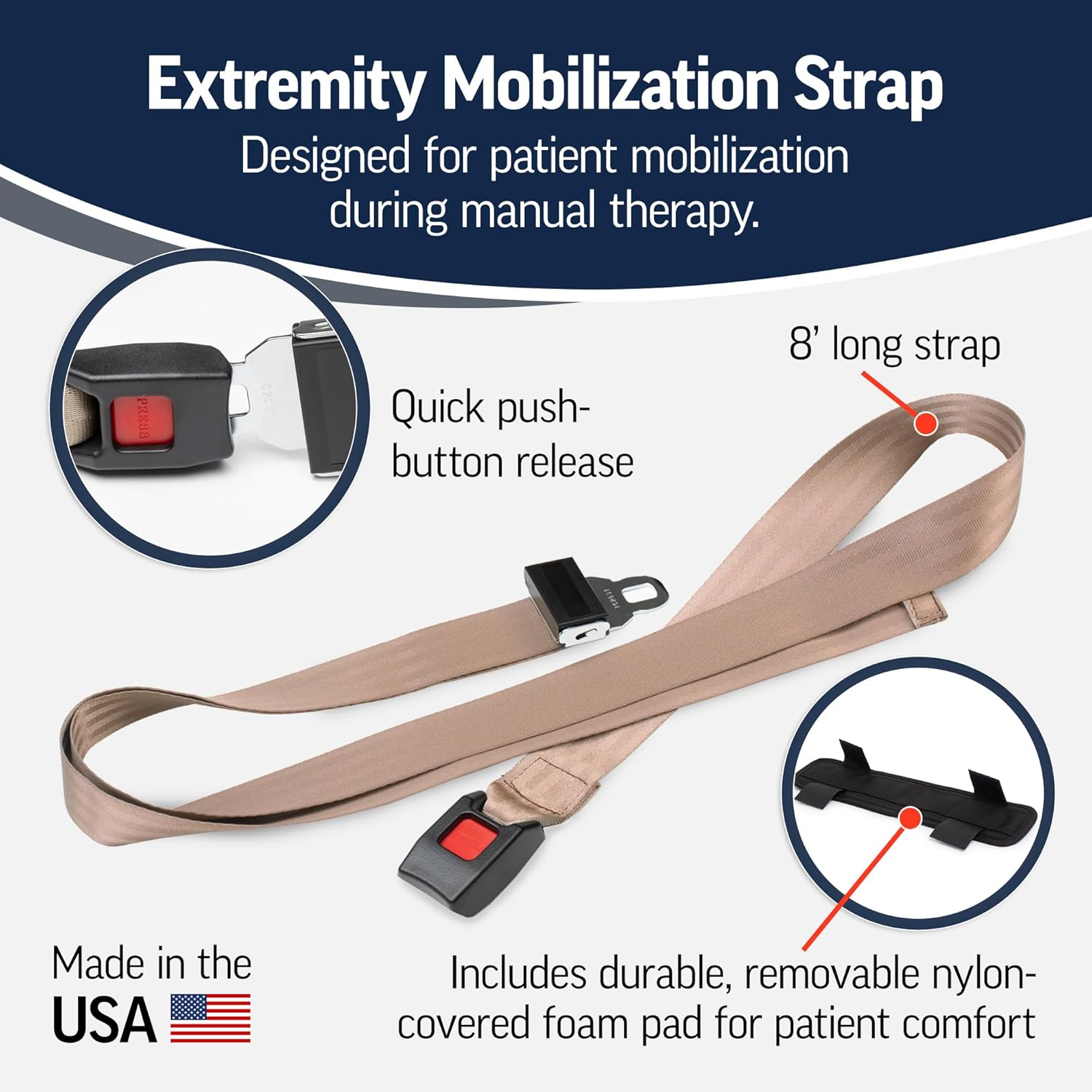 OPTP Extremity Mobilization Strap – 8’ Adjustable Manual Therapy Mobilization Belt - Nylon Strap with Pad and Push Button Buckle Release for Traction and Stabilization. Made in the USA
