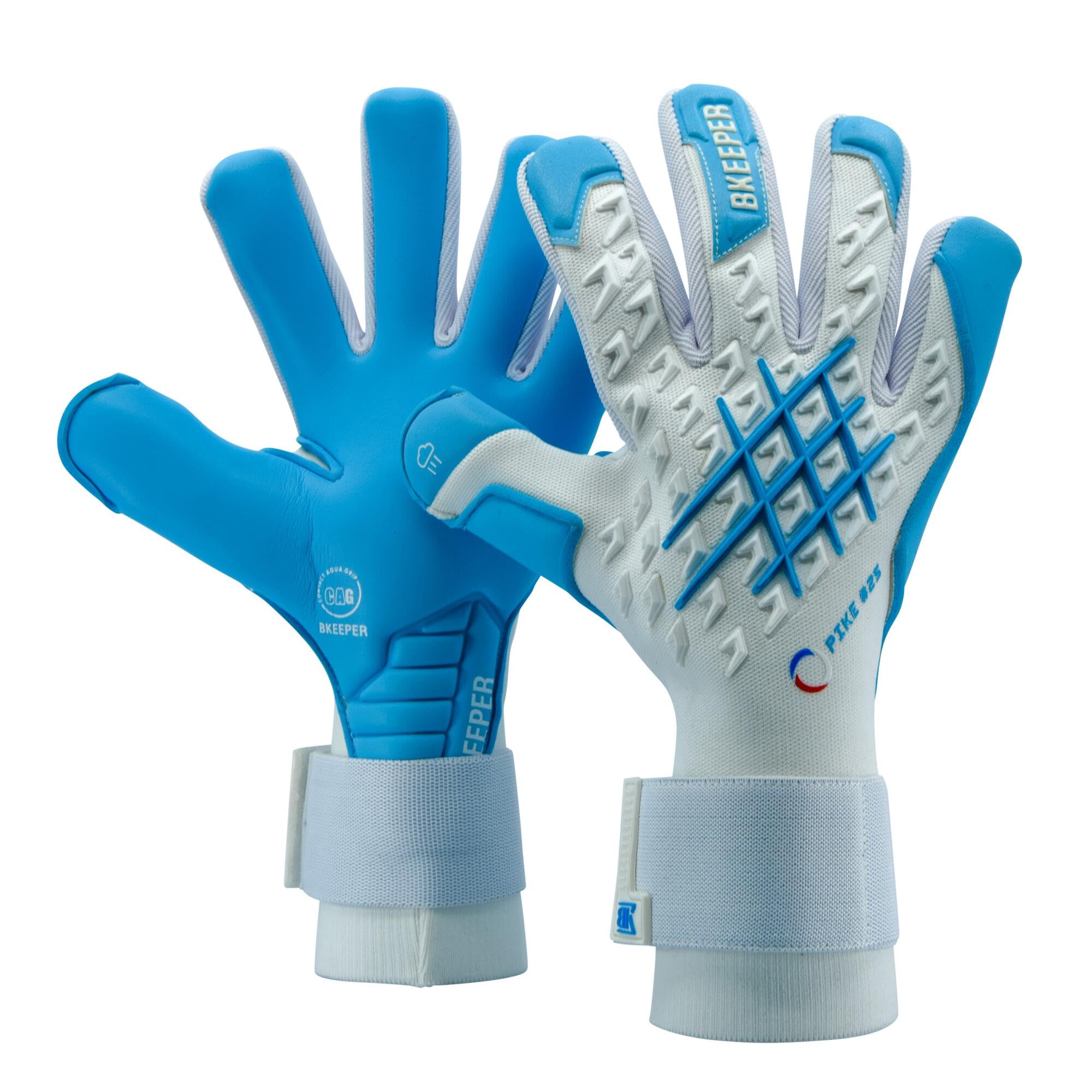 Gants de Gardien Pike #25 Aqua, Blanc et Bleu, Coupe Négative, Mousse Contact