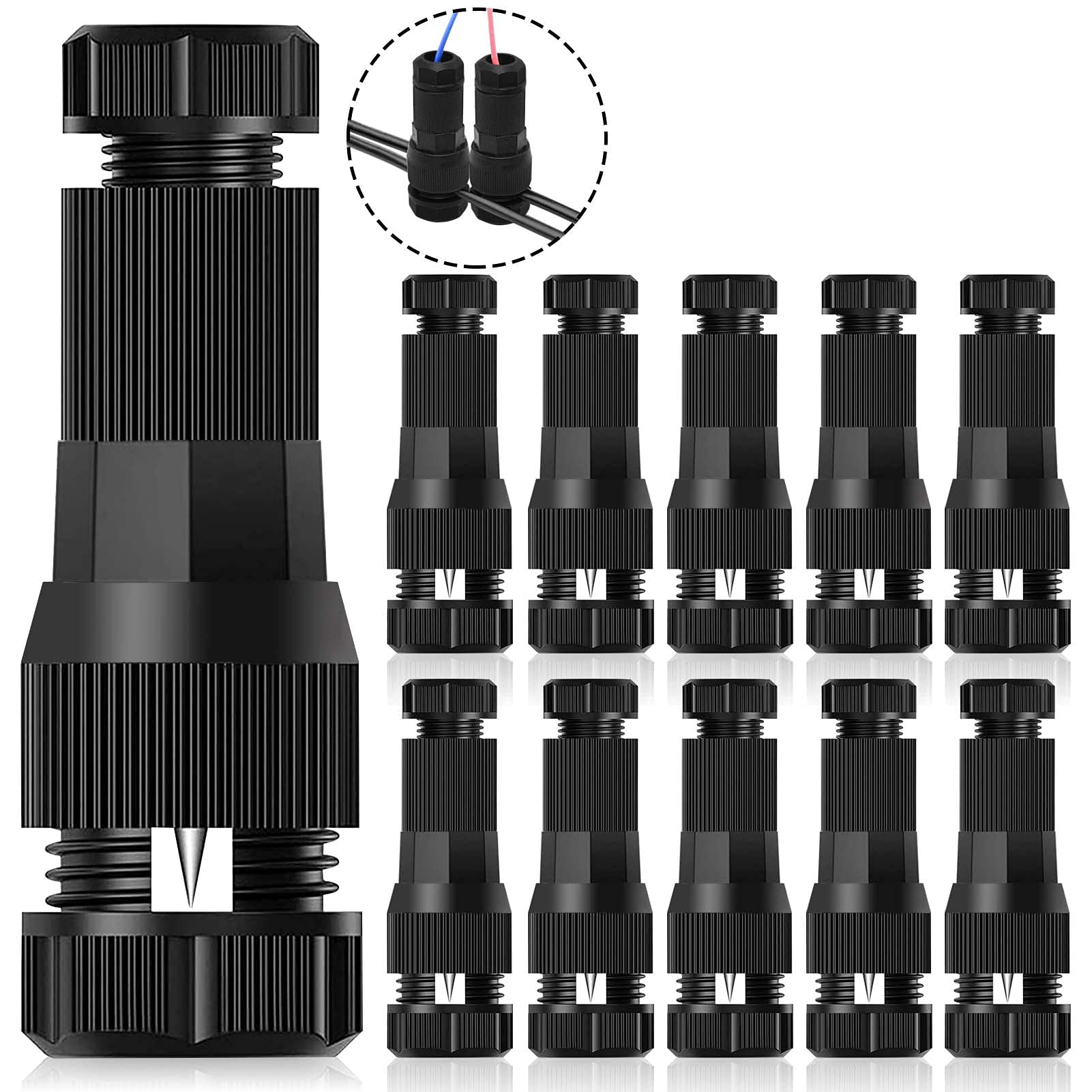 Wieat10 Pcs Waterproof Junction Box, Landscape Lighting Electrical Connectors, 2021 Black Low Voltage Connectors, 12-20 Gauge Electrical Outdoor Cable Connector for Spotlights, Path Light Devices