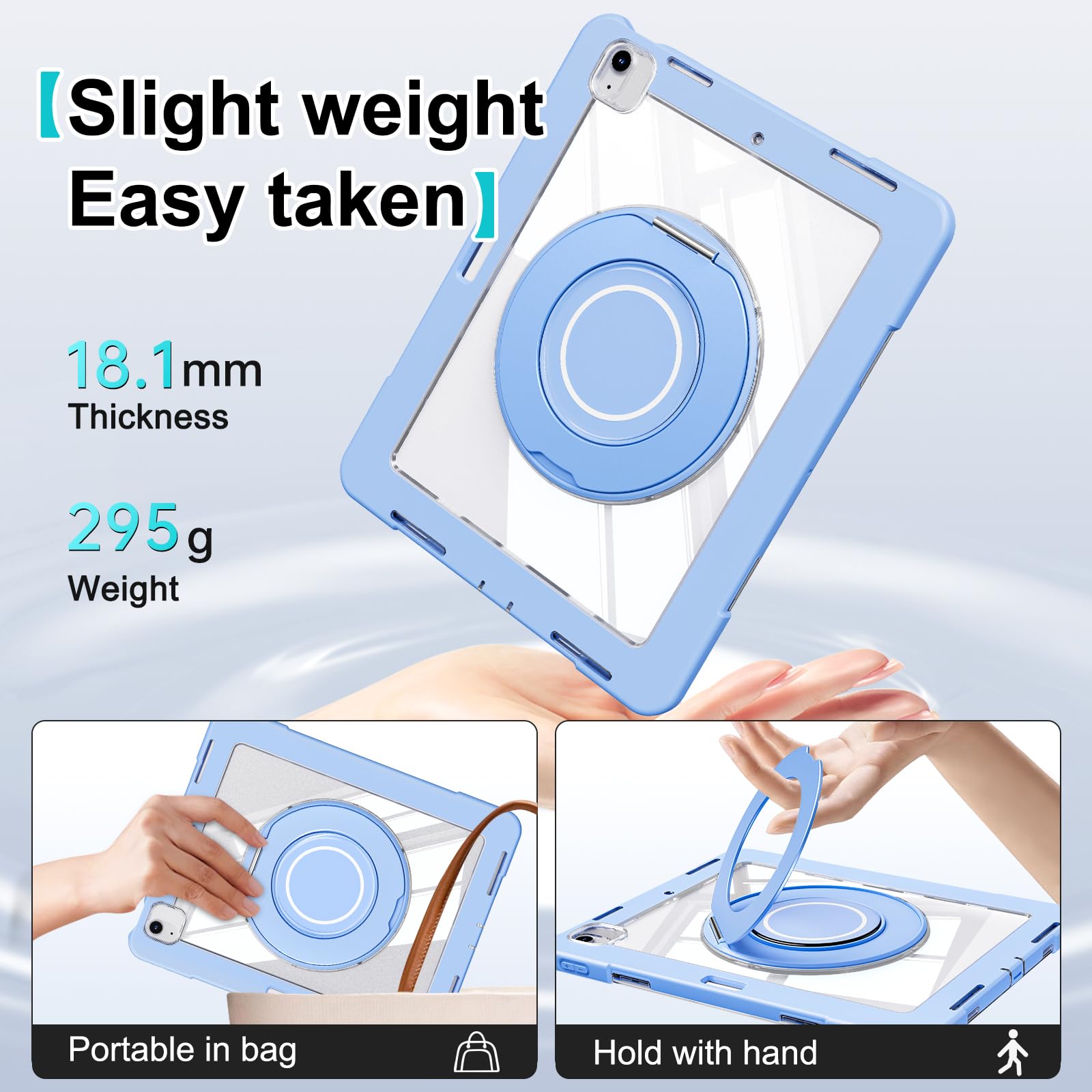 Custodia in silicone resistente per tablet iPad Air 11 pollici 2024, custodia antiurto Crystal Armor Series con portamatite, supporto girevole in titanio con anello grande da appendere