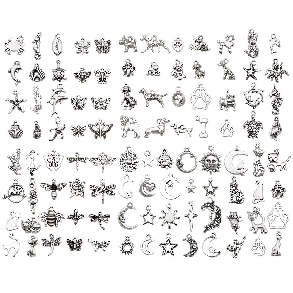 Gold Animal and Nature Charms Set, 80 Piece Assorted Metal Pendant Collection, Celestial Moon Star, Pet Paw, Sea Life, Butterfly, Dragonfly Designs for DIY Jewelry Making