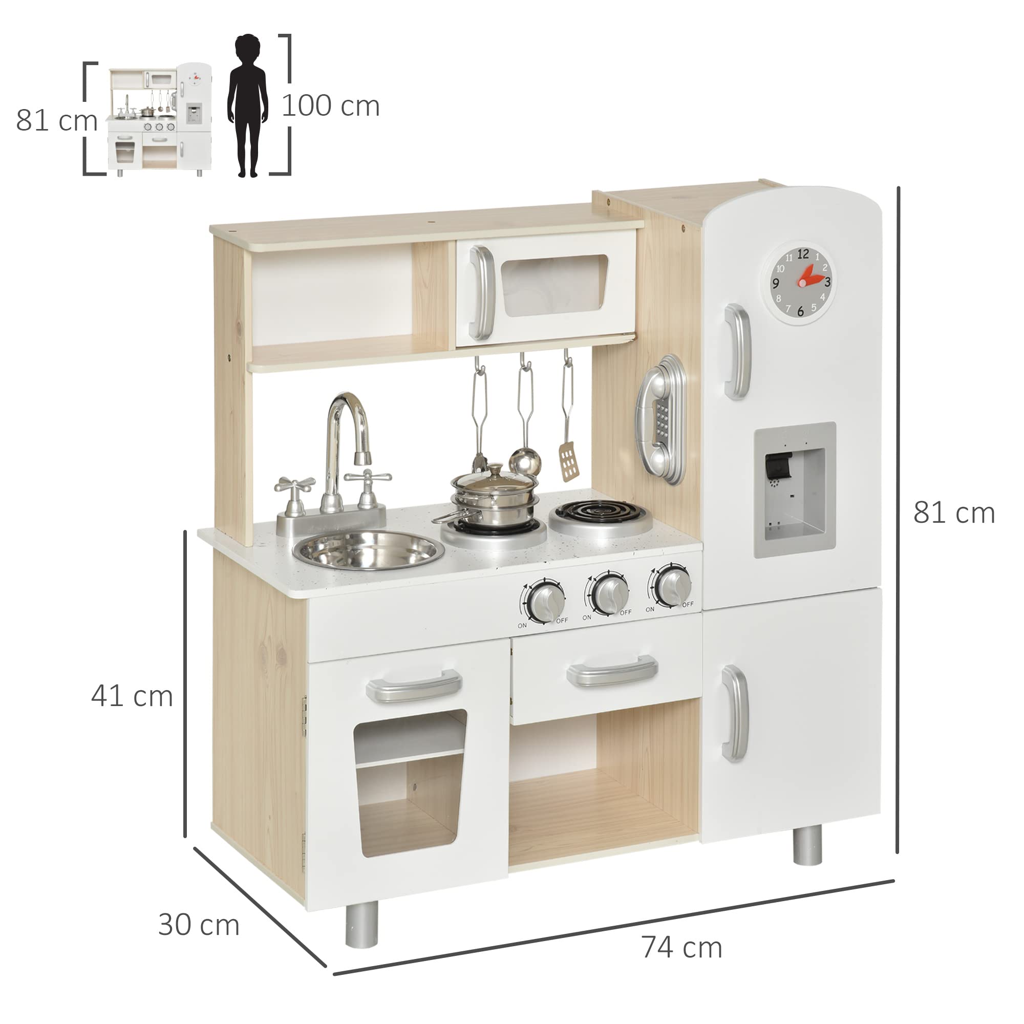 HOMCOM Cucina Giocattolo in Legno per Bambini con Lavandino e Fornelli, Pentole e Utensili in Acciaio, 74x30x81cm, Bianco