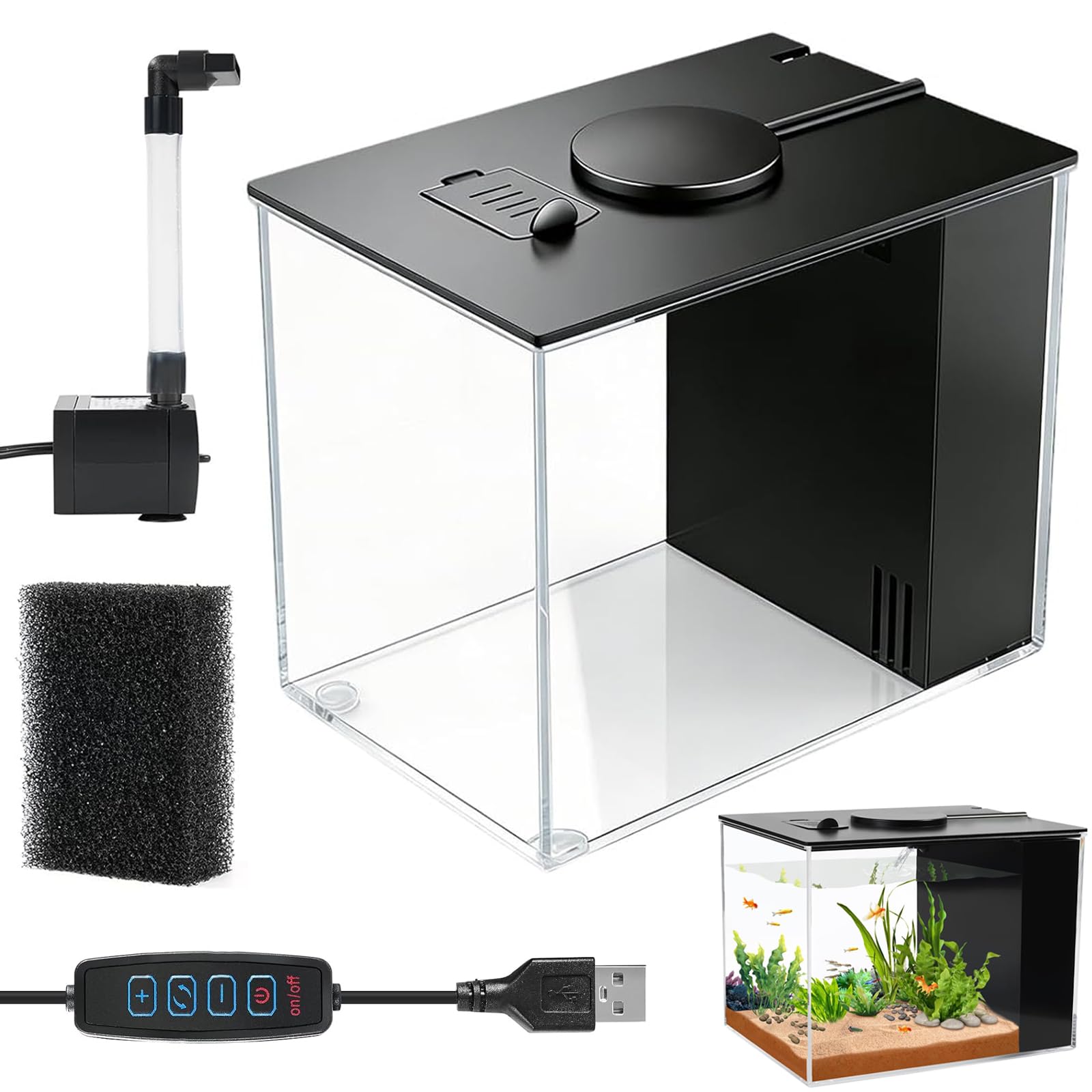 Kit de démarrage pour aquarium 3,7 l - Petit aquarium Betta en acrylique avec pompe filtrante et couvercle et éclairage LED - Pour petits poissons et crevettes
