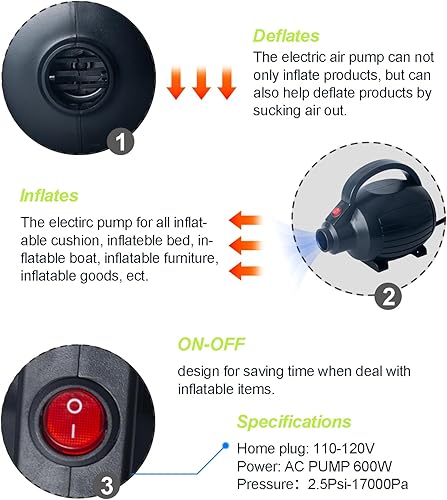 Miniatura 2 de Bomba eléctrica para inflables, bomba de colchón de aire de llenado rápido para cama de aire, piscina, juguete, balsa, inflador, CA 110-120V, bomba