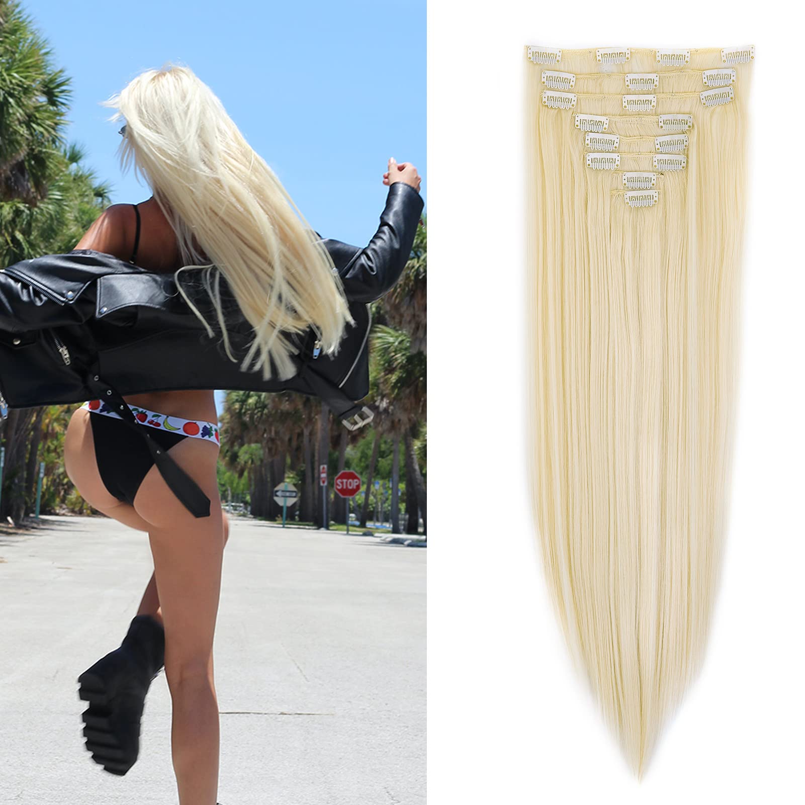 Gairyan Extension Clip Capelli Lisci 8pcs Set Extension Capelli Finti Clip Posticci Naturali Sintetici Clip in Hair Extension Morbido Parrucchino Lungo Dritto Full Head 60cm per Donna, Bleach Blonde