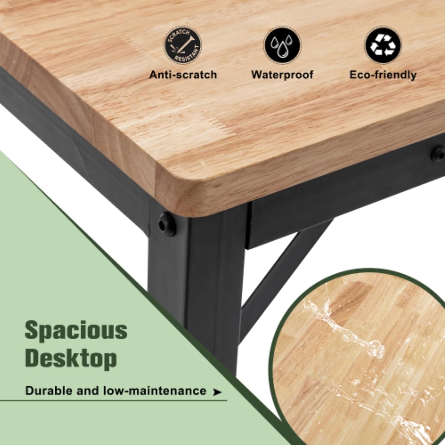 60" Adjustable Height Workbench, Rubberwood Top Heavy Duty Workstation, Adjustable Height, Wheels, with Power Outlet, 2000 Pound Load Capacity, for Workshop, Garage, Office, Home, Business