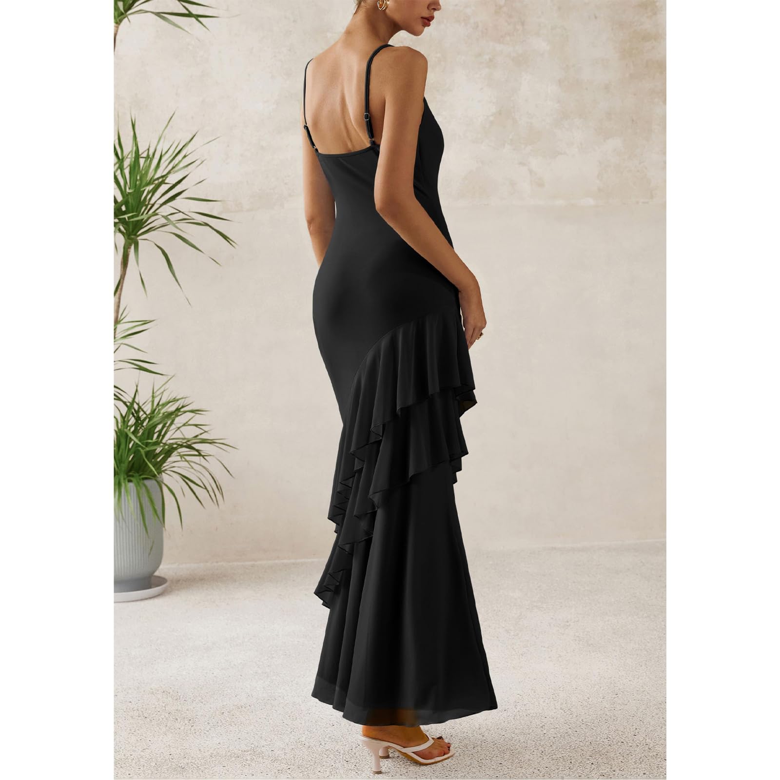 Vestito Lungo Donna Abito Sexy Spaghetti Strap Bodycon Vestito Senza Maniche Abito Maxi con Volant Elegante Vestiti Aderente Scollo a V Estivo Abiti da Cocktail Sera Festa Cerimonia