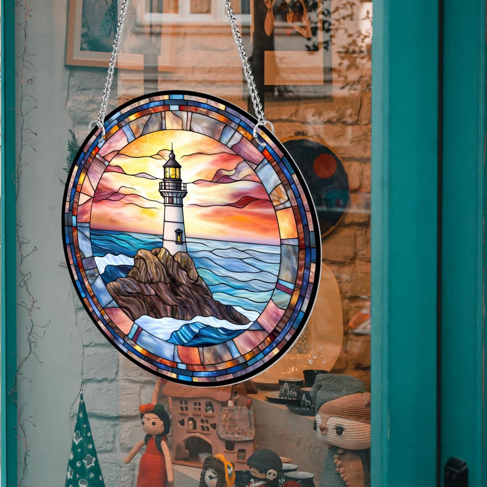 Lighthouse Stained Glass Suncatcher, Beach Window Hangings Decor For Nature Lovers - View #10
