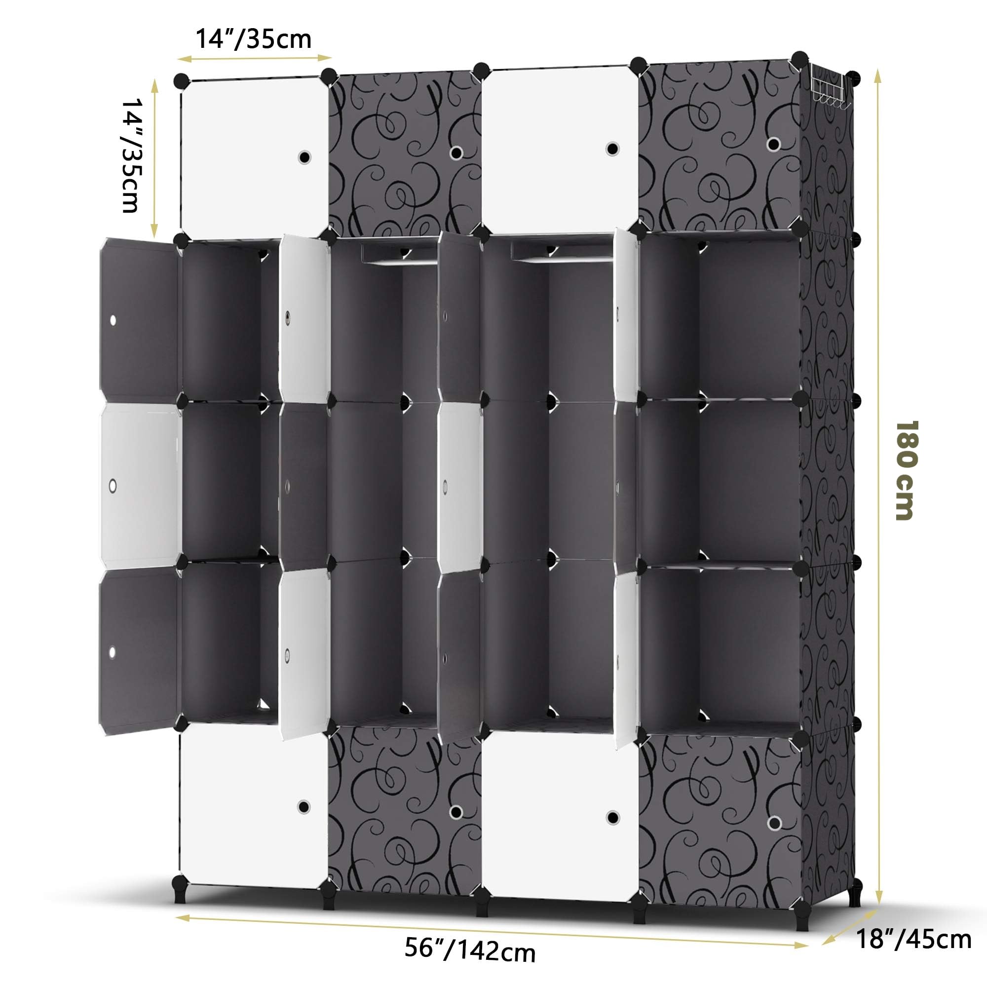 Homidec, Armario guardarropa modular portátil, 20 cubos de armario de plástico con 3 barras para colgar ropa, 35 x 45 cm, cubo más profundo, mueble de dormitorio para montar