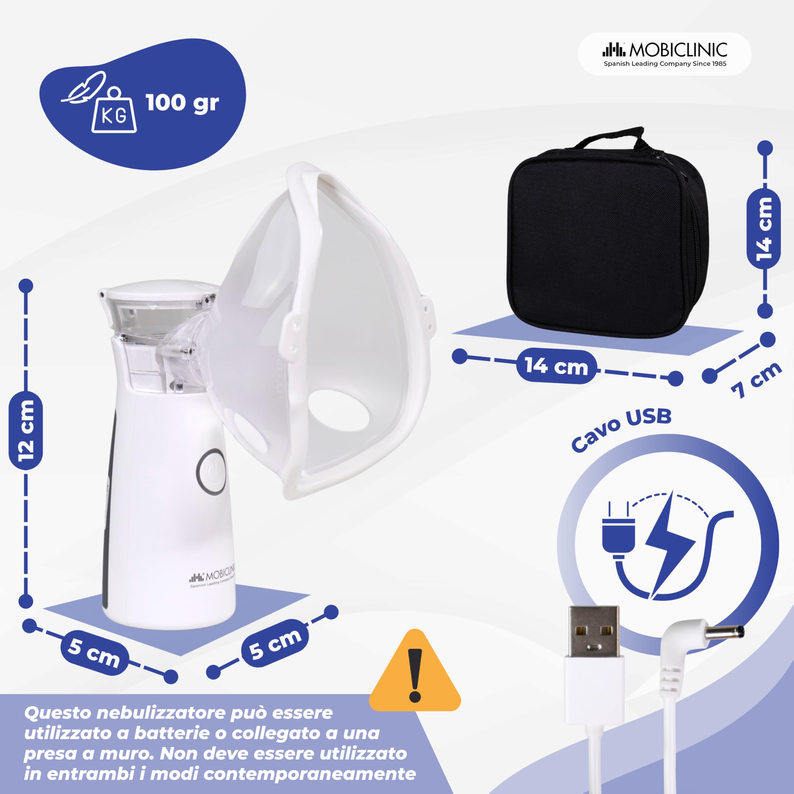 Mobiclinic®, Aerosol Portatile Silenzioso, Boccaglio e 2 Maschere, Adulti e Bambini, Custodia per il Trasporto, Silenzioso, Compatto, Asma, Nebumobi1