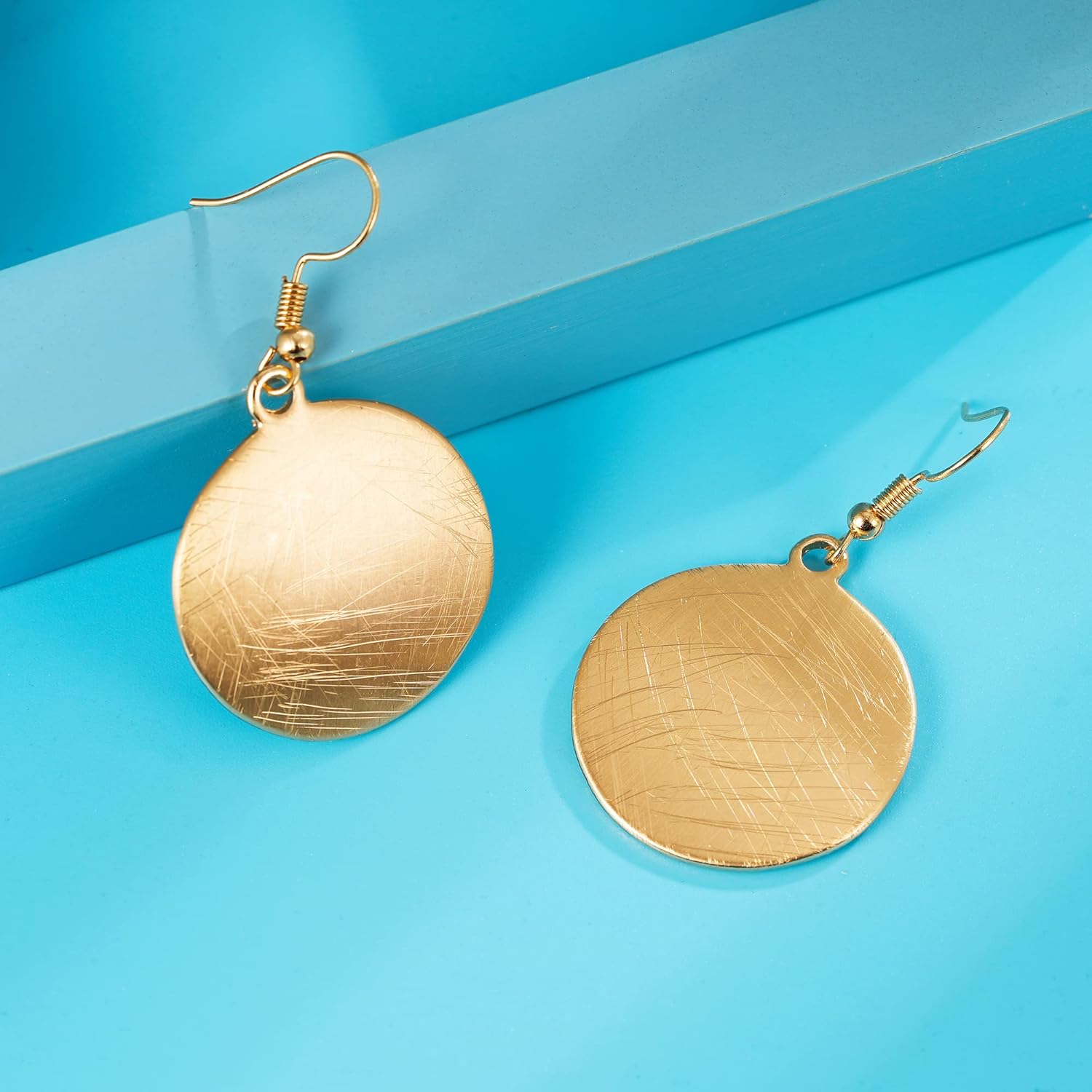 SUNLAND Handmade Teardrop Earrings with Brushed Finished Dangle Earring Brushed Gold Silver Rose Gold Colored Round Disc Shaped Drop Earring Hook Earring - Image 9