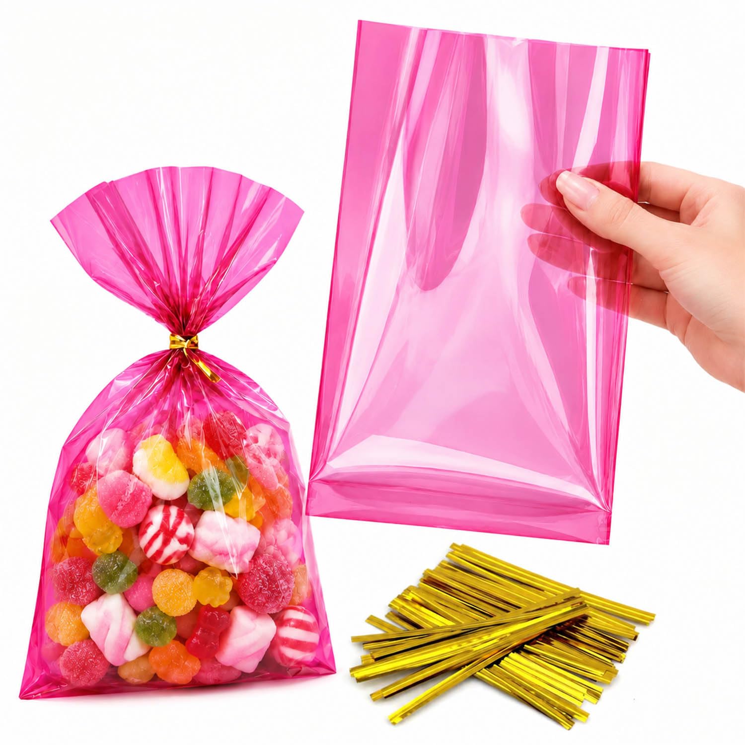 Hot Pink Cellophane Bags, 100 Pack, 15 x 23 cm (6 x 9 Inch) Shiny Semi-Transparent OPP Gift Bags with 100 Gold Twist Ties for Wrapped Sweets, Party Favours, Weddings and Halloween