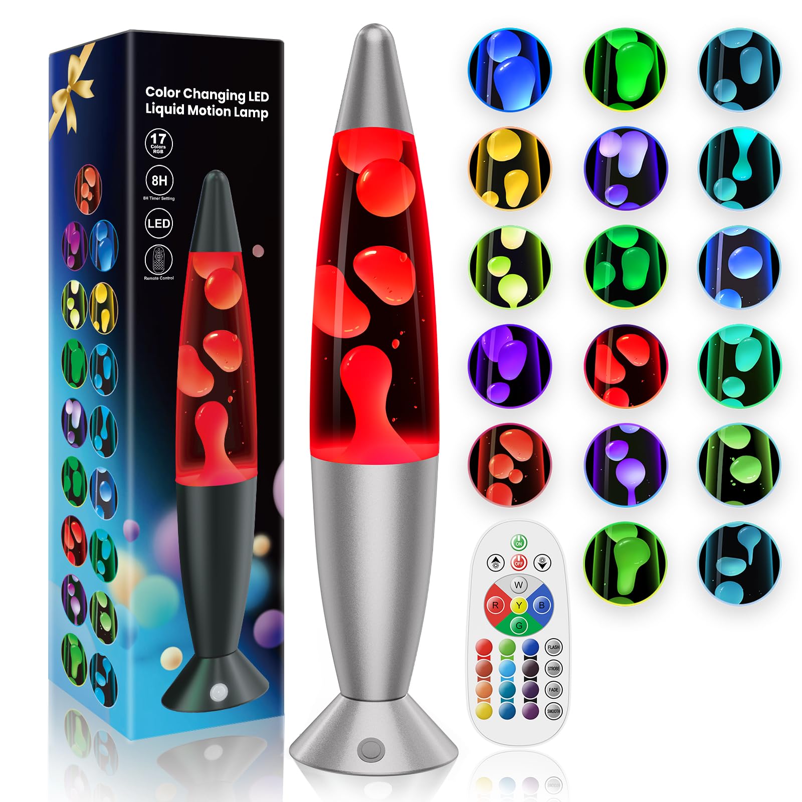 17 Colors LED Liquid Motion Lamps Multi Color Changing Table Retro Lamp for Kids Adults Bedroom Office Decor, 13.5 Inch Small Silver Relax Night Light Sensory Mood Nightlight with 8H Timing