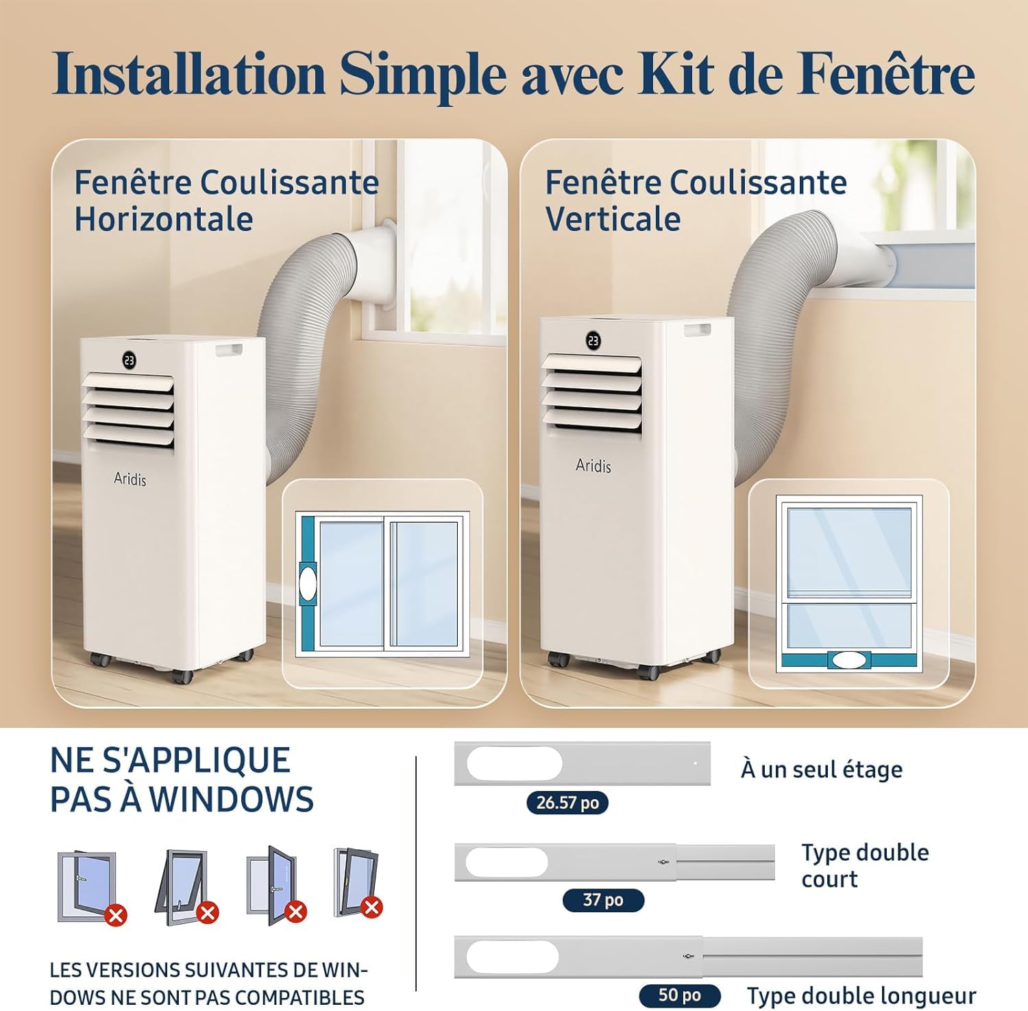 Climatiseur Mobile 9000 BTU - Climatiseur Portable 4 en 1 Silencieux - Télécommande, Minuterie 24h & Mode Sommeil,Clim Mobile pour Maison et Bureau,Kit d'Évacuation par Fenêtre Inclus