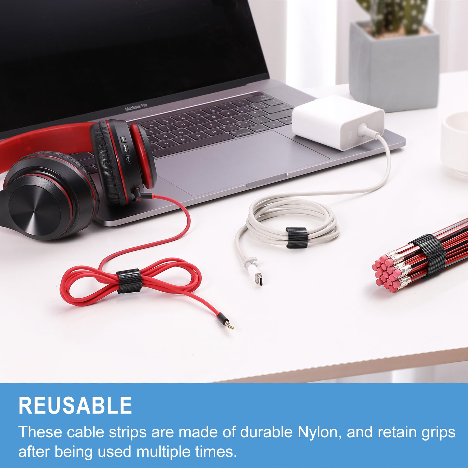 100 PCS 8 Inches Reusable Cable Ties | Adjustable Cord Wraps, Cable Straps | Hook & Loop Cord Organizer, Cable Management | 5 Colors - 5