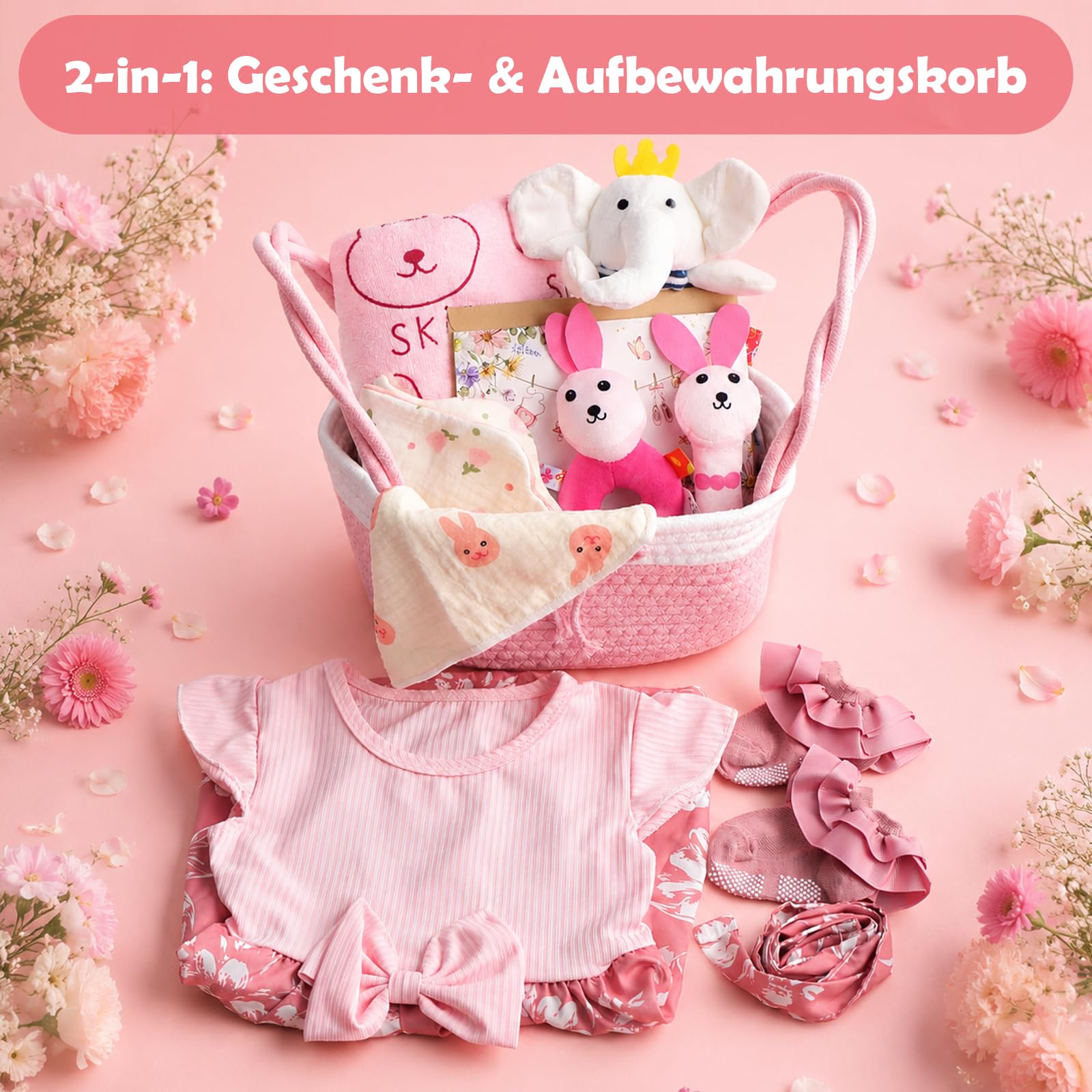 Regalo per neonata, 10 pezzi, regalo per neonati | Regalo per nascita con coperta, vestito, bavaglino, sonaglio, guanto da bagno, calze, cesto regalo (rosa)