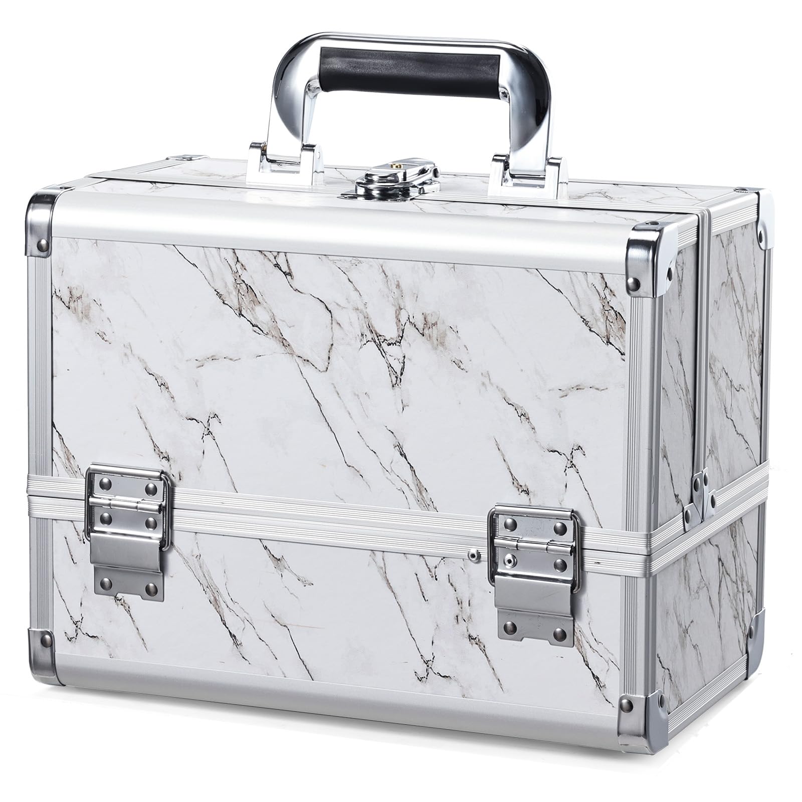 Joligrace Makeup Train Case Cosmetic Travel Makeup Organizer with Mirror Brown Love (Marble White)