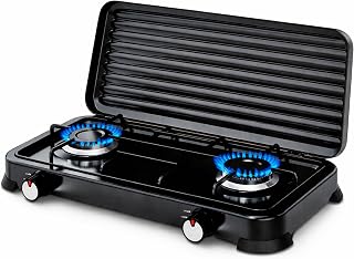 Cocina de Gas Portátil de 2 Fogones, Hornillo de Gas con Tapa Metálica y Fuego Ajustable, Compatible con Propano y Butano, 4,4 kW, Cocina Portátil para Exterior, Terraza, Camper(2 Fogones)