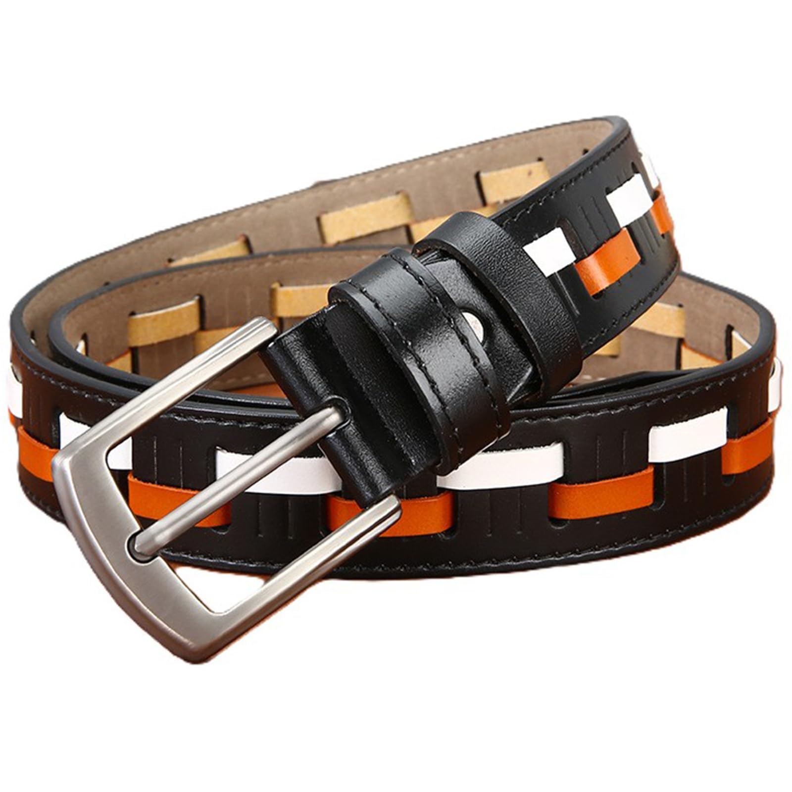 AGUTALITHIC Men Women Braided Stitched Leather Belt-Multicolored Splicing Woven Strap for Golf Work Casual Jeans Pants Shorts(115cm/45, Black)