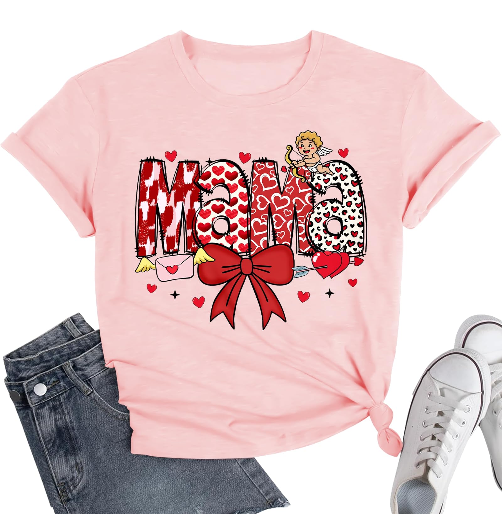 Womens Valentines Shirt -Pink Love Heart Graphic Tshirts Funny Teen Girl's Holi Vacation Casual Outfit Pink