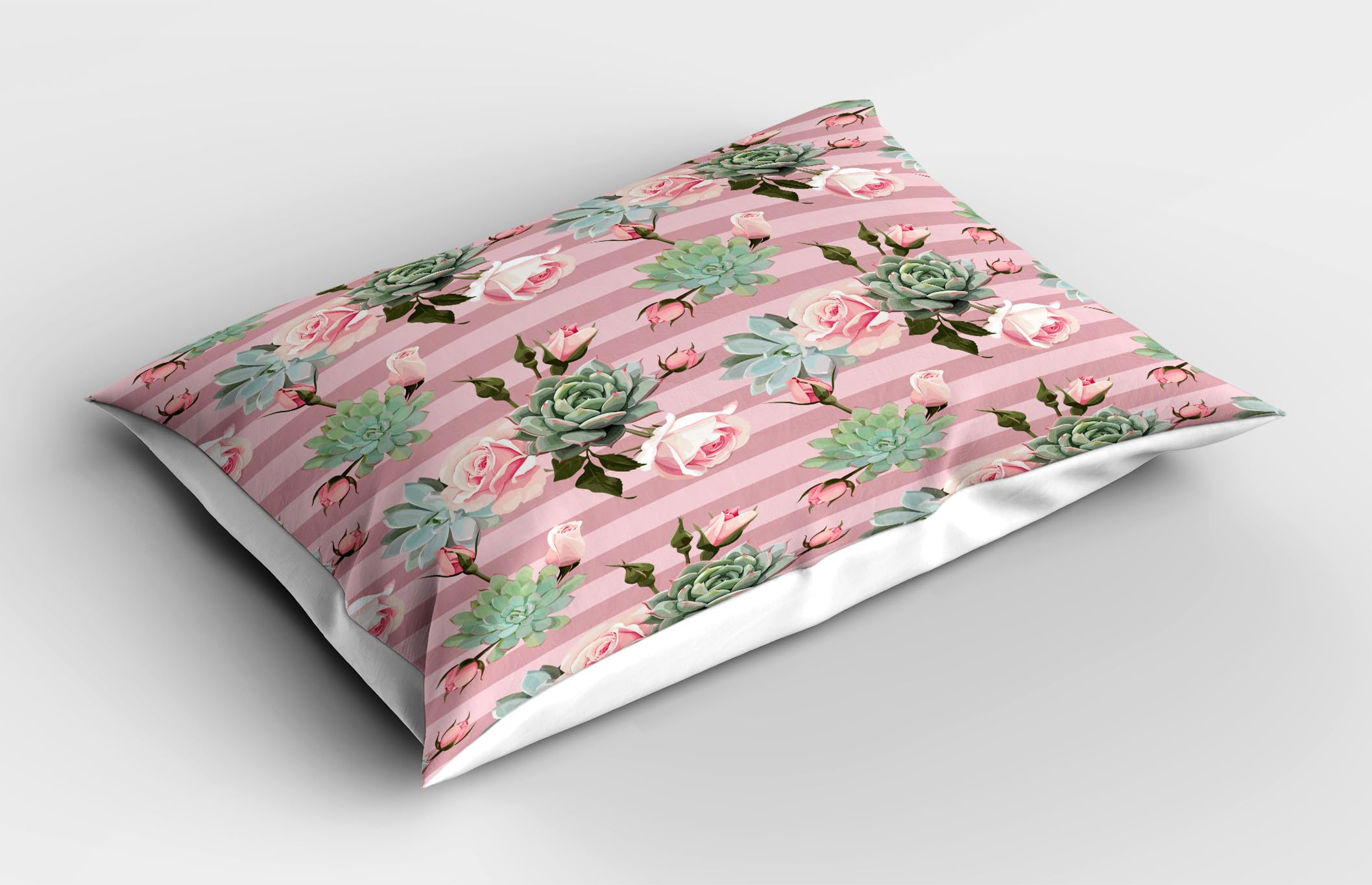 Ambesonne Floral Pillow Sham Set of 2, Colorful Succulent Herbs Romantic Roses on Dusty Pink Striped Backdrop, Quality Microfiber Bedding Item for All Seasons, 26
