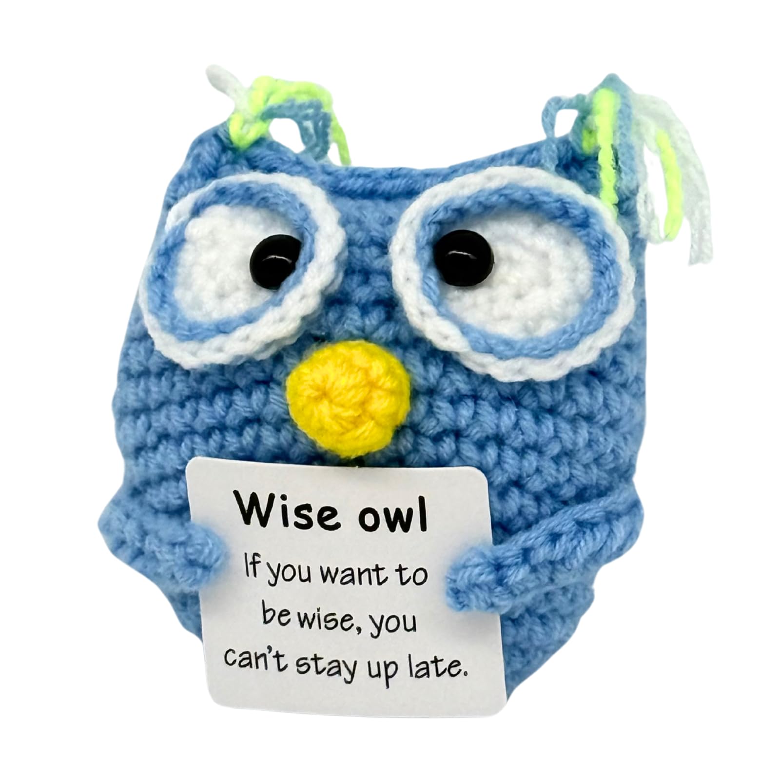 CATTITUDE Mini Positive Crochet Owl with Uplifting Card- Cheerful Cute Desk Decor, Handmade Birthday Gifts for Women Men Teens Girls, Emotional