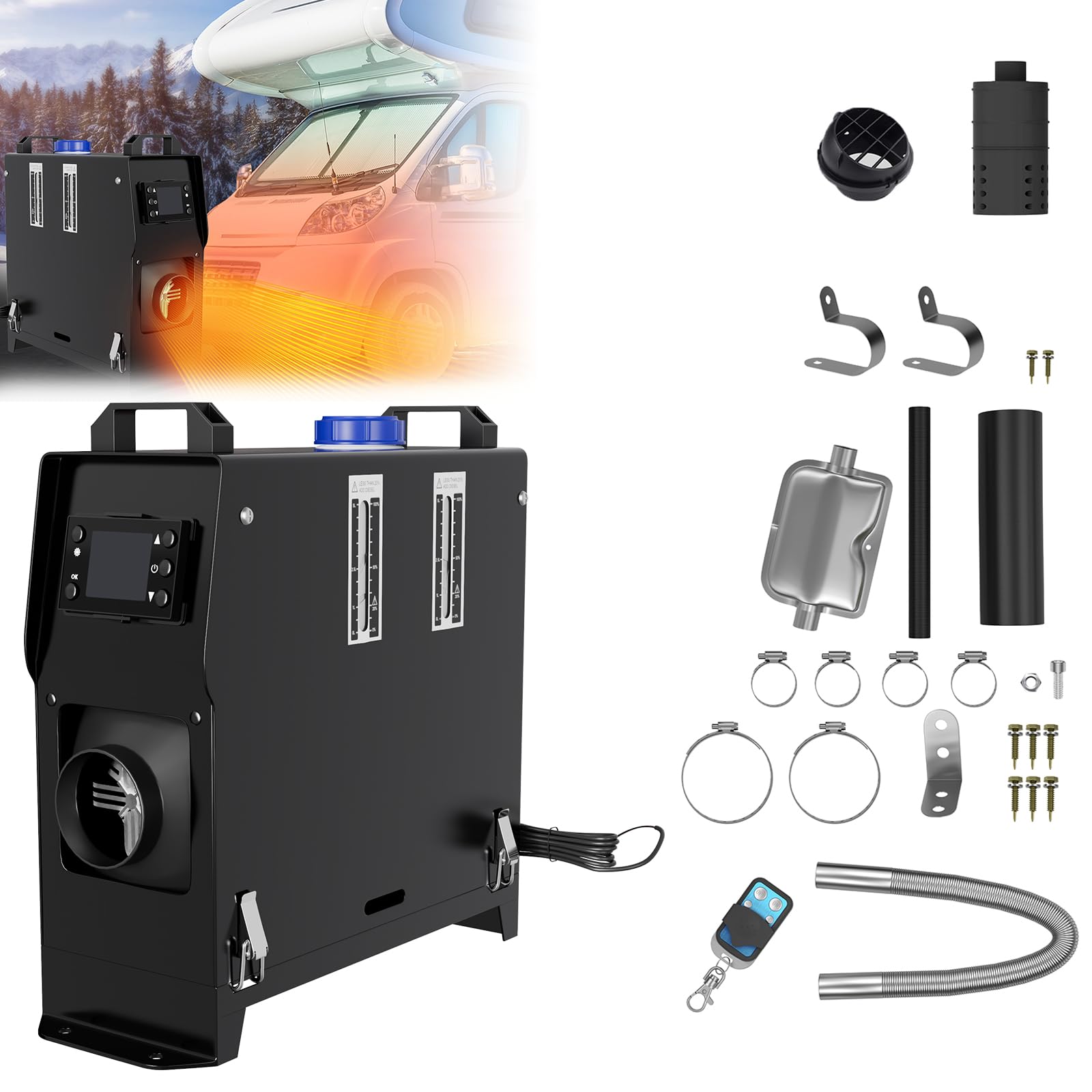 ACXIN 12V 8 kW nagrzewnica postojowa na olej napędowy, ogrzewanie powietrza z wyświetlaczem LCD i pilotem zdalnego sterowania, 360° wylot powietrza, przenośna nagrzewnica na olej napędowy do