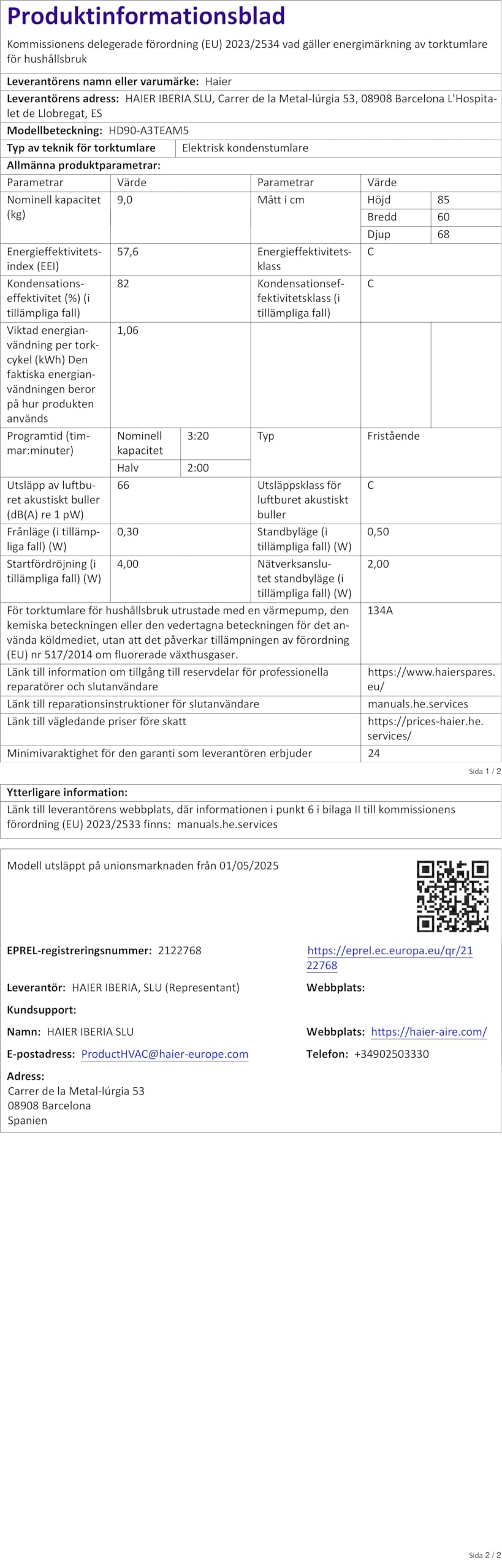 Haier Wärmepumpentrockner 9kg I-PRO Serie 5 HD90-A3TEAM5 | Smart Home: Wi-Fi & hOn App, Inverter-Motor, 3 Trockenstufen wählbar, Edelstahltrommel, I-Refresh Dampfprogramm
