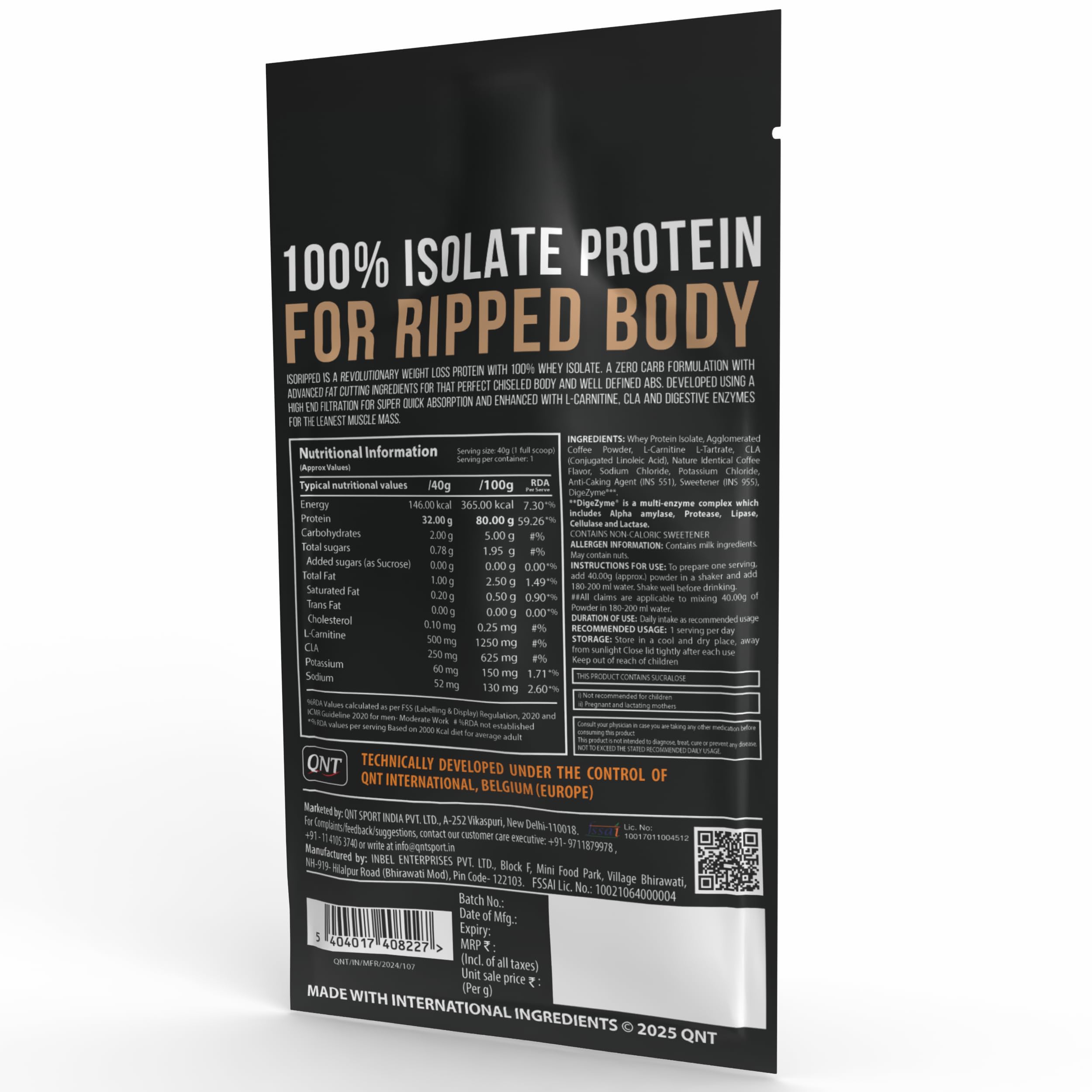 QNT ISO Ripped Whey Protein Isolate Powder | Choco Brownie, Single Serving | With L-Carnitine & CLA | 32g Pure Whey Isolate per Serving | Supports Lean Muscle Growth & Weight Loss — Amazon image 2