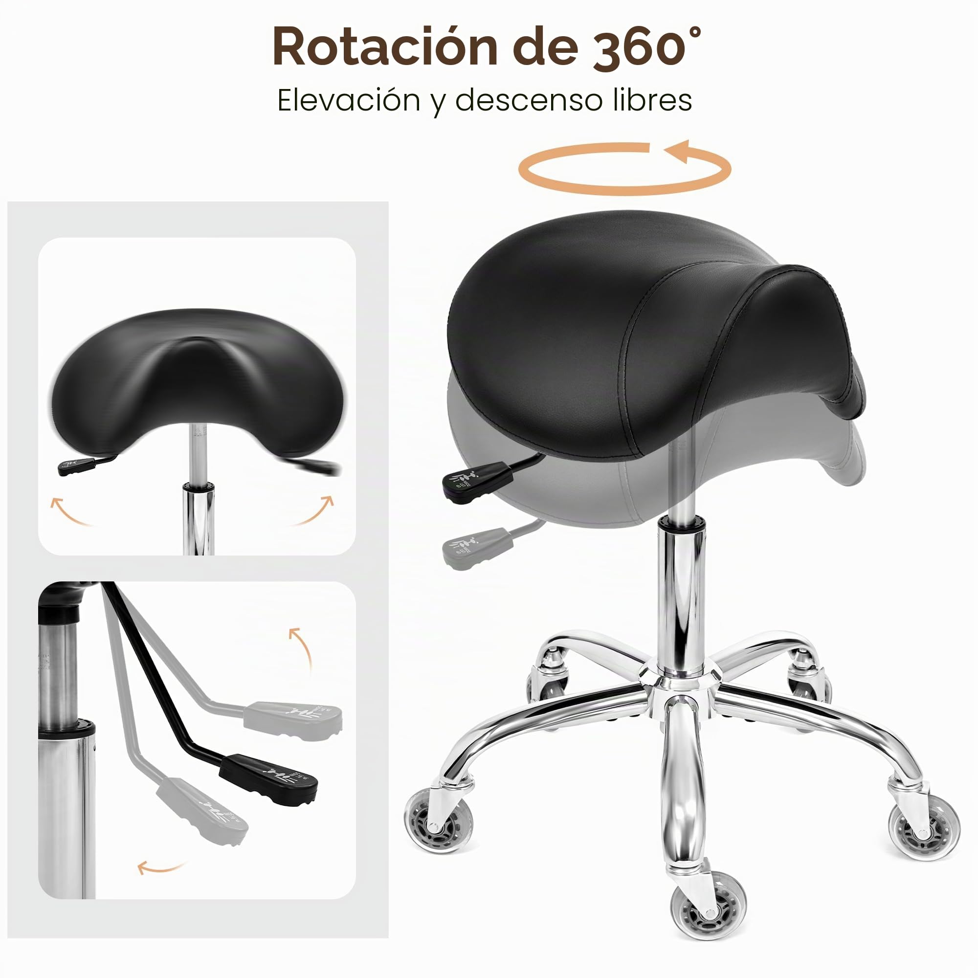 BEWISHOME Taburete con Ruedas,Taburete Giratorio Ajustable,de Piel Sintética Resistente con cojín Ancho,Ergonómico para Salones de Belleza,Spas y Clínicas (Negro)