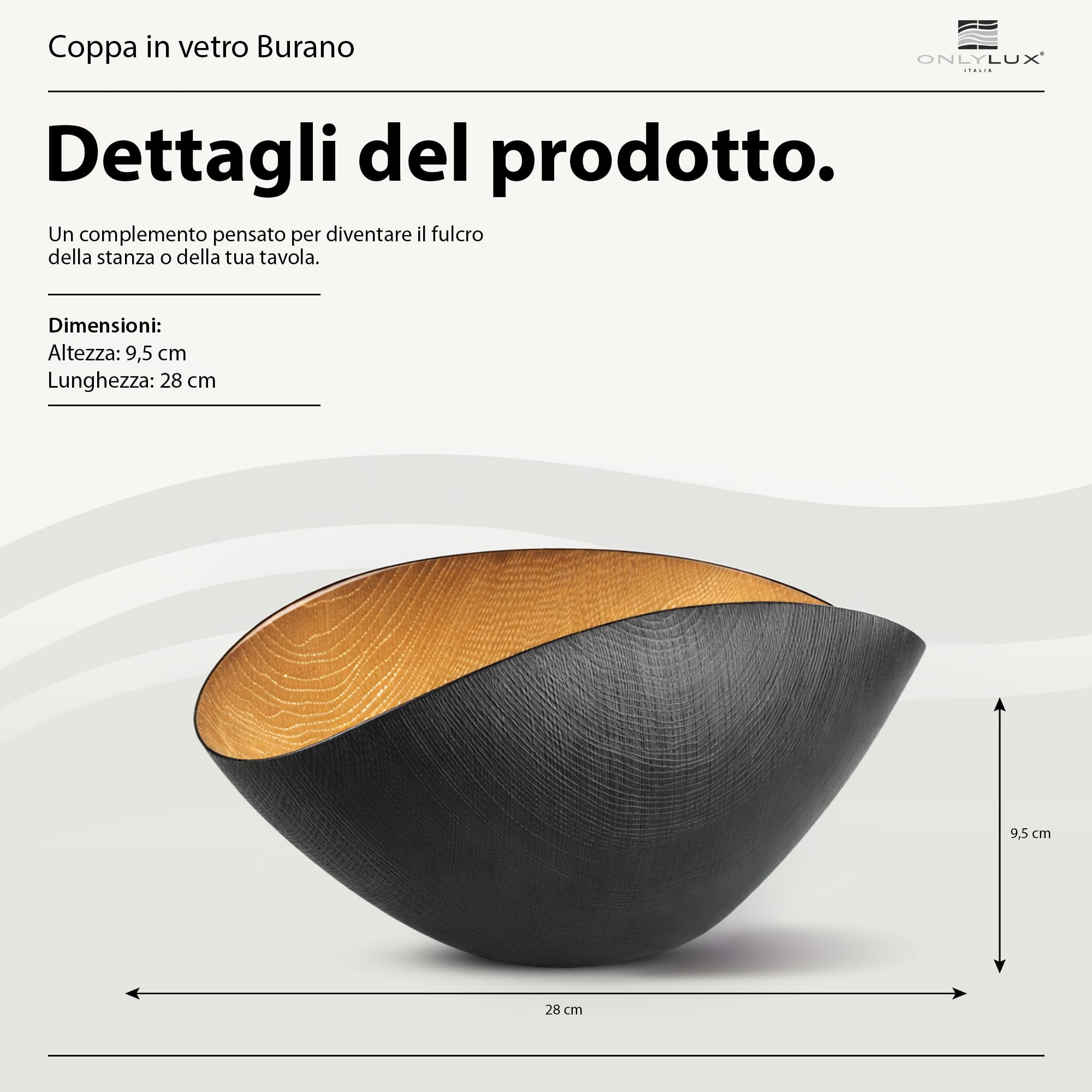 Onlylux Coppa Burano in Vetro Centrifugato Decorato a Mano - Centrotavola Decorativo 28 x 9,5 cm - Coppa in Vetro Artigianale per Arredo Casa - Nero Mat Oro