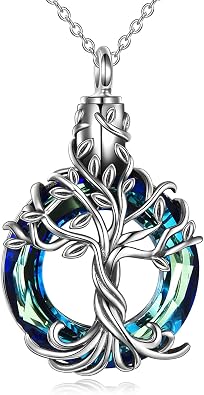 TOUPOP Tree of Life Urn Necklace for Ashes with Circle Crystal 925 Sterling Silver Celtic Cremation Jewelry with Funnel Filler Memorial Keepsake Gifts for Women