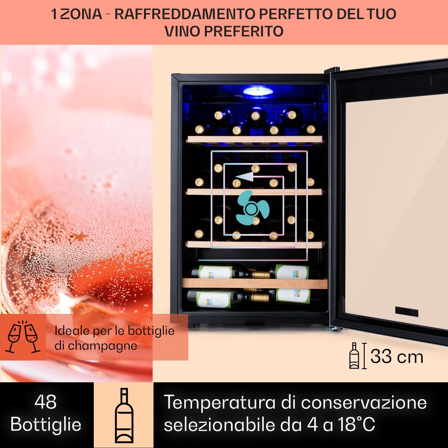 KLARSTEIN Cantinetta Vino, Frigo Bar con Vetrina, Mini Bar, Cantina Vino Refrigerata a Zona Singola per Interno/Esterni, 48 Bottiglie, 128L, Nero - Agrento