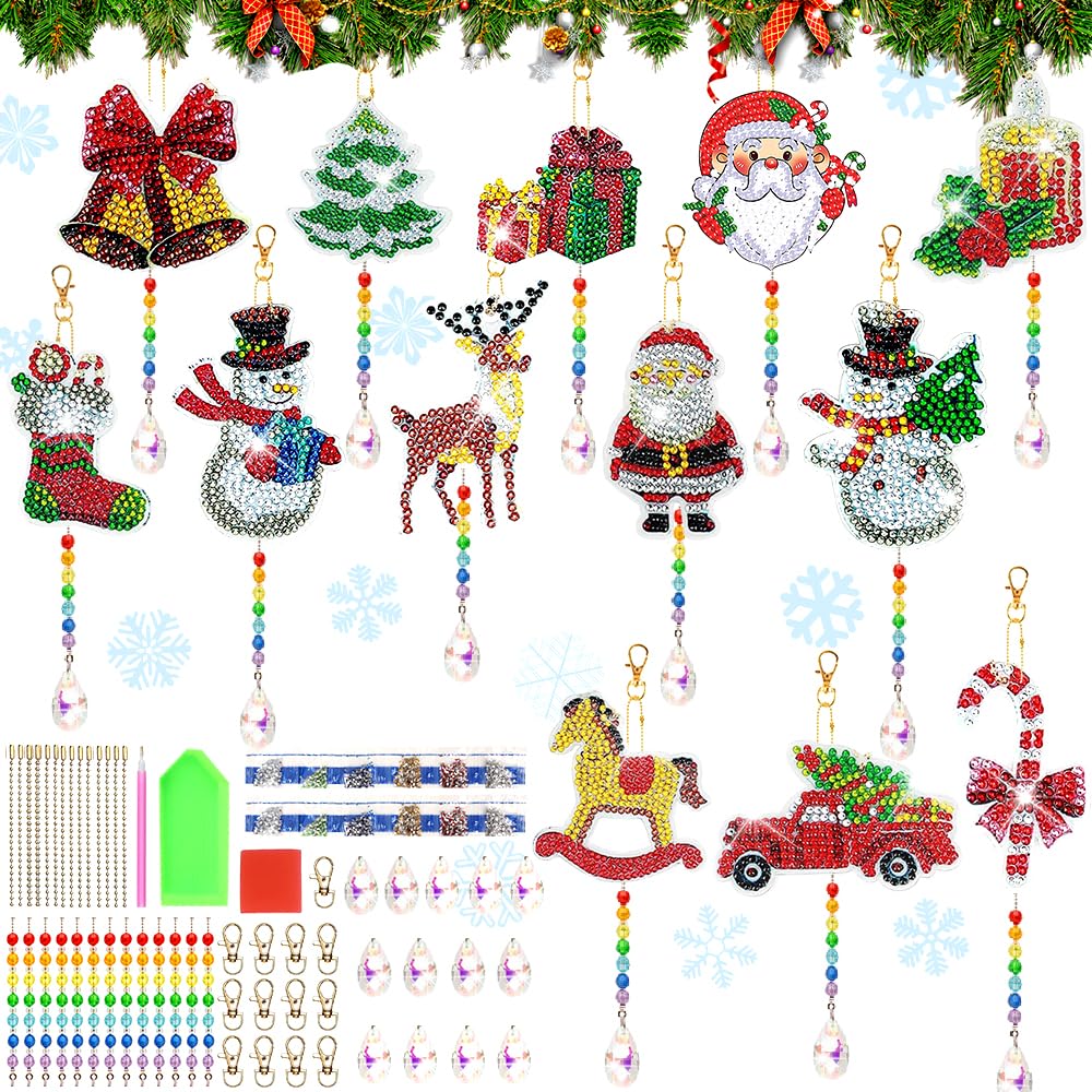 20Pcs Diamond Painting Noël Autocollants Kits 5D Pendentifs Peinture Diamant Enfant DIY Christmas Keychain Décoration Suspendre