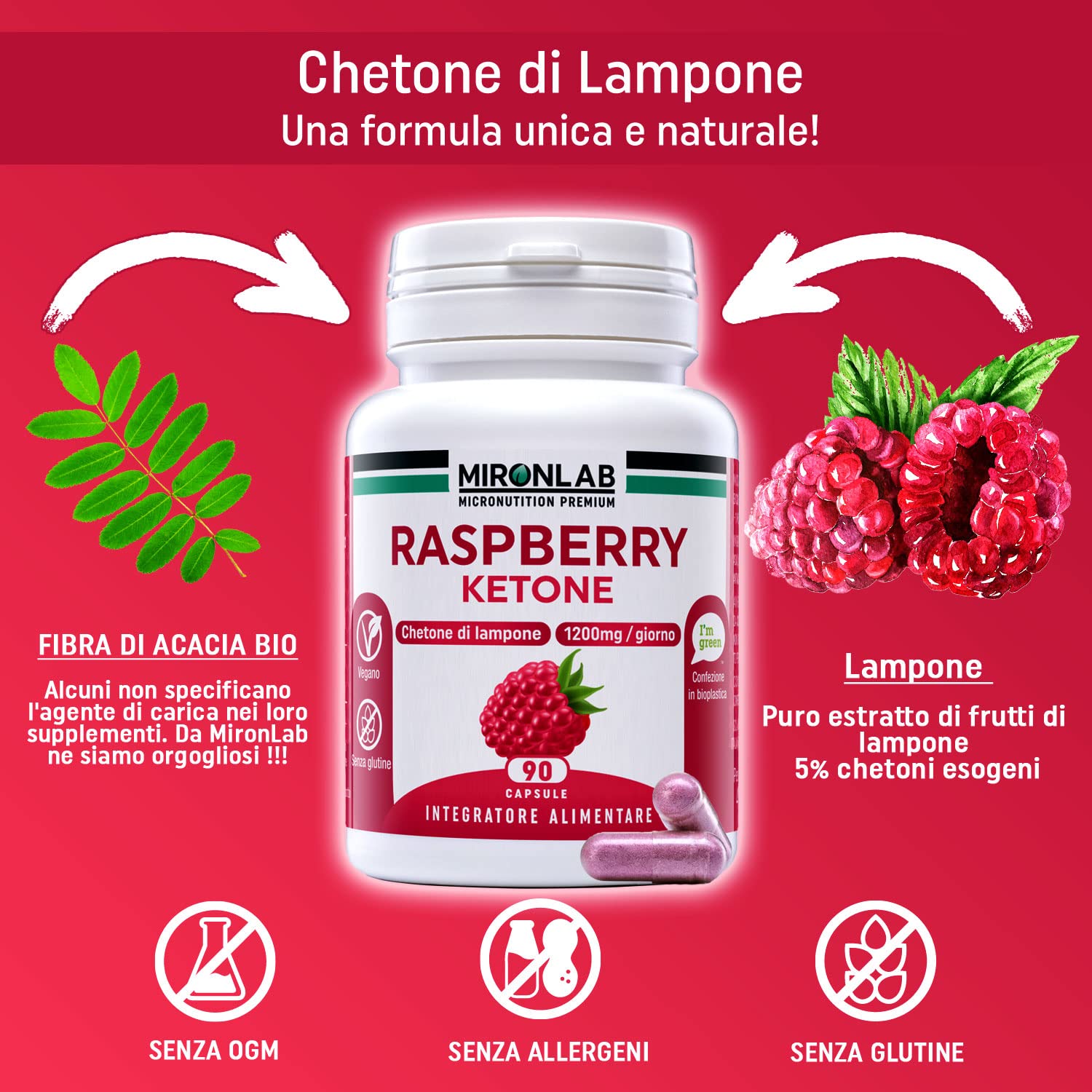 Raspberry Ketone Pure - Chetoni esogeni di lampone - Alto dosaggio : 1200mg Testato - Ideale per la gestione del peso - Maggiore efficienza con la fibra di acacia - 90 capsule - MIRONLAB