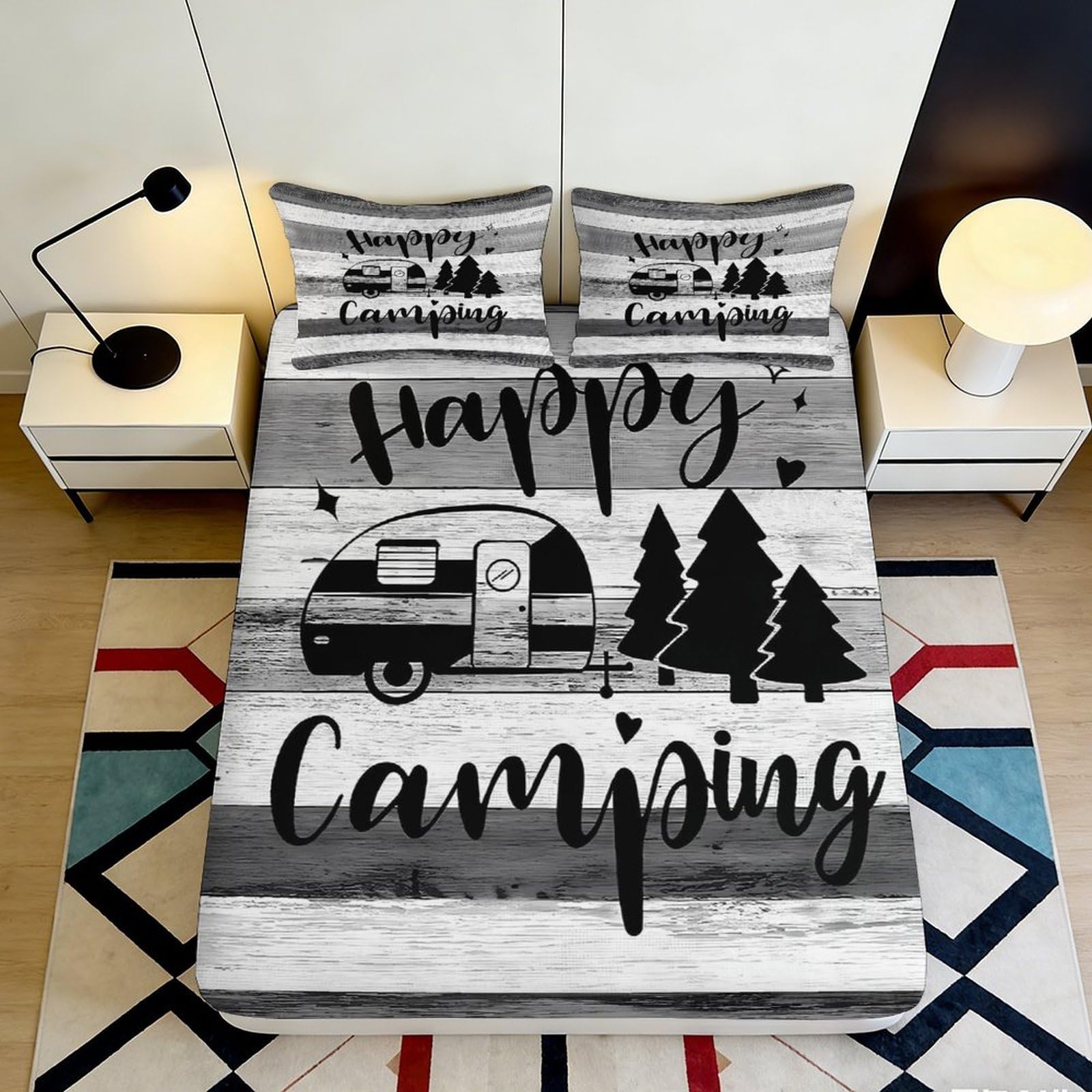 3D Printed Happy Camping Fitted Sheet Microfiber Soft Decor Caravan Pine Tree Bed Cover for Home Guest Room 90x200x25cm