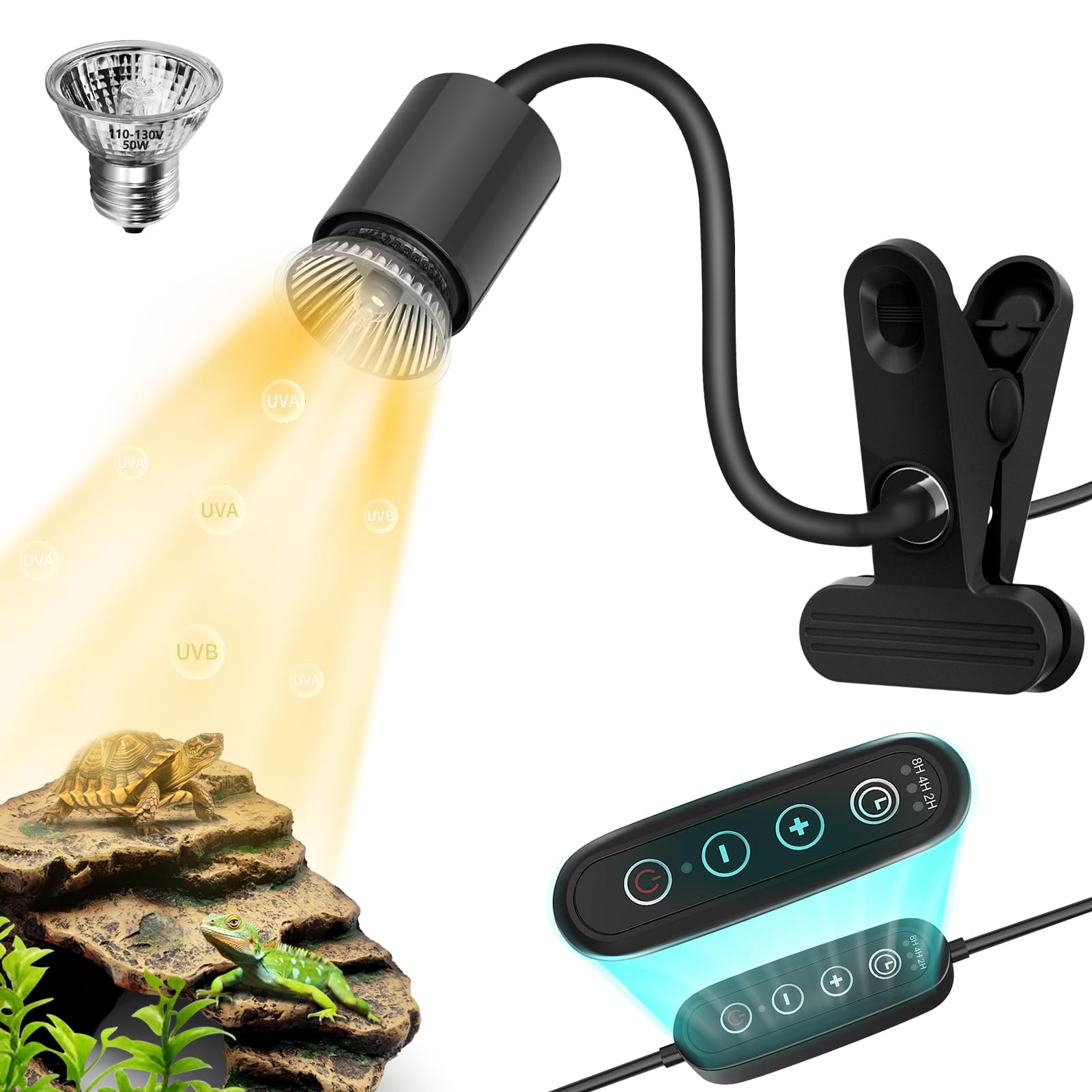GOZILLA Reptile Heat Lamp, Turtle Lamp with 50W UVA/UVB Turtle Light Bulb, 360°Rotatable Clip Reptiles Basking Light for Amphibian and Reptile Tanks, Terrariums, Cages.(Black) — view 9
