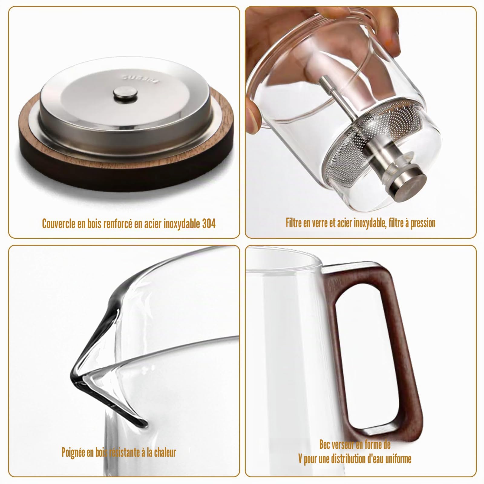 Théière Magique 800ml, Théière en Verre avec Infuseur, Tea Pot en Verre avec Séparation de L'eau, avec Poignée en Bois, Tea Pot Transparente, pour Brasser, Filtrer les Feuilles en Vrac