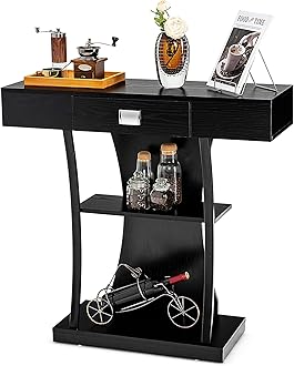 GOFLAME 3-Tier Console Table with Shelves, Wooden Entryway Table with Anti-toppling Device & Supporting Metal Tubes, Industrial Narrow Sofa Table for Entryway Hallway Living Room (Black)