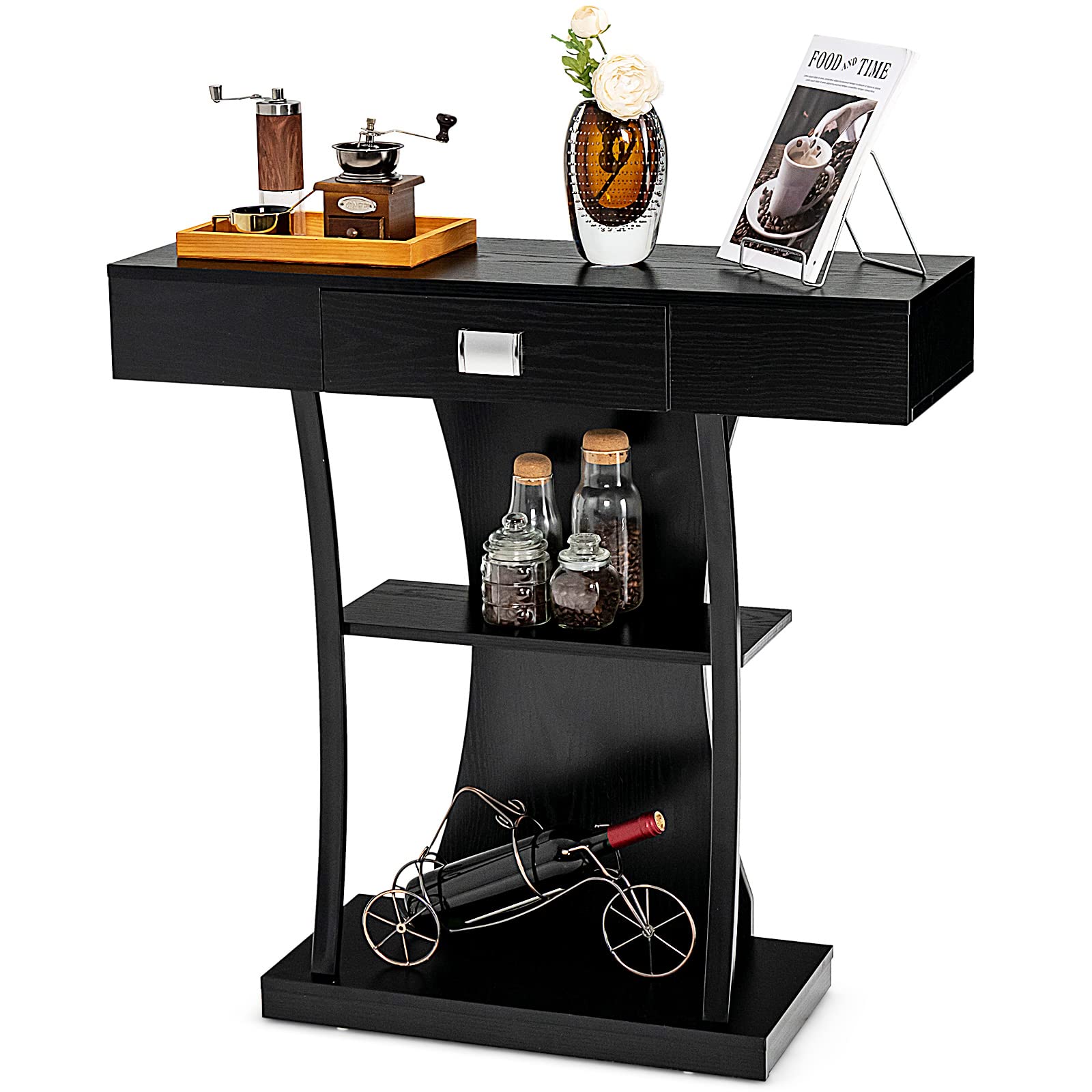 GOFLAME 3-Tier Console Table with Shelves, Wooden Entryway Table with Anti-toppling Device & Supporting Metal Tubes, Industrial Narrow Sofa Table for Entryway Hallway Living Room (Black)