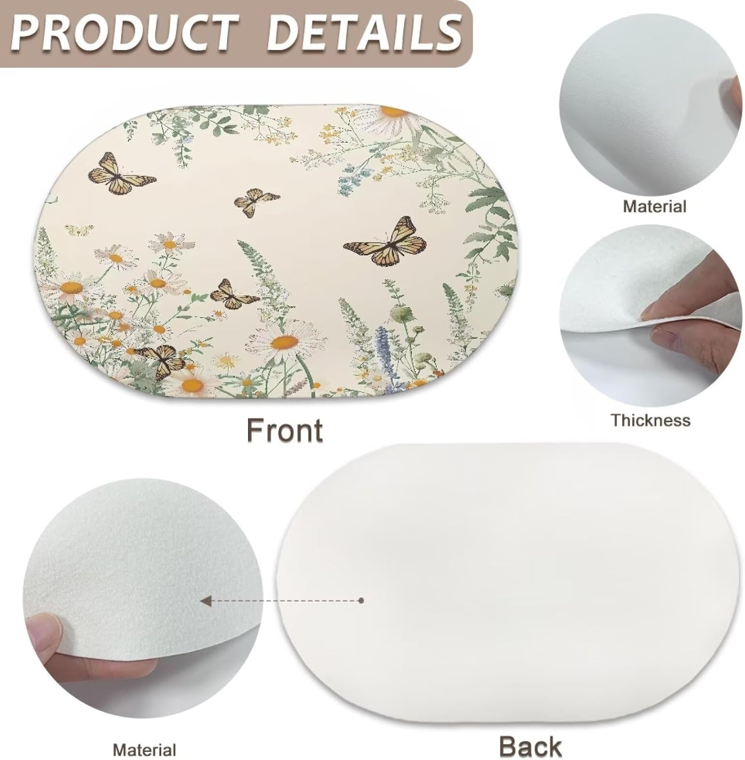 PU Leather Oval Placemats Set of 6 Washable Wipe-Clean Table Mats Non-Slip Dining Table Mat Protector Easy Maintenance 18.11 x 12.2 inch, Butterfly Flower Beige