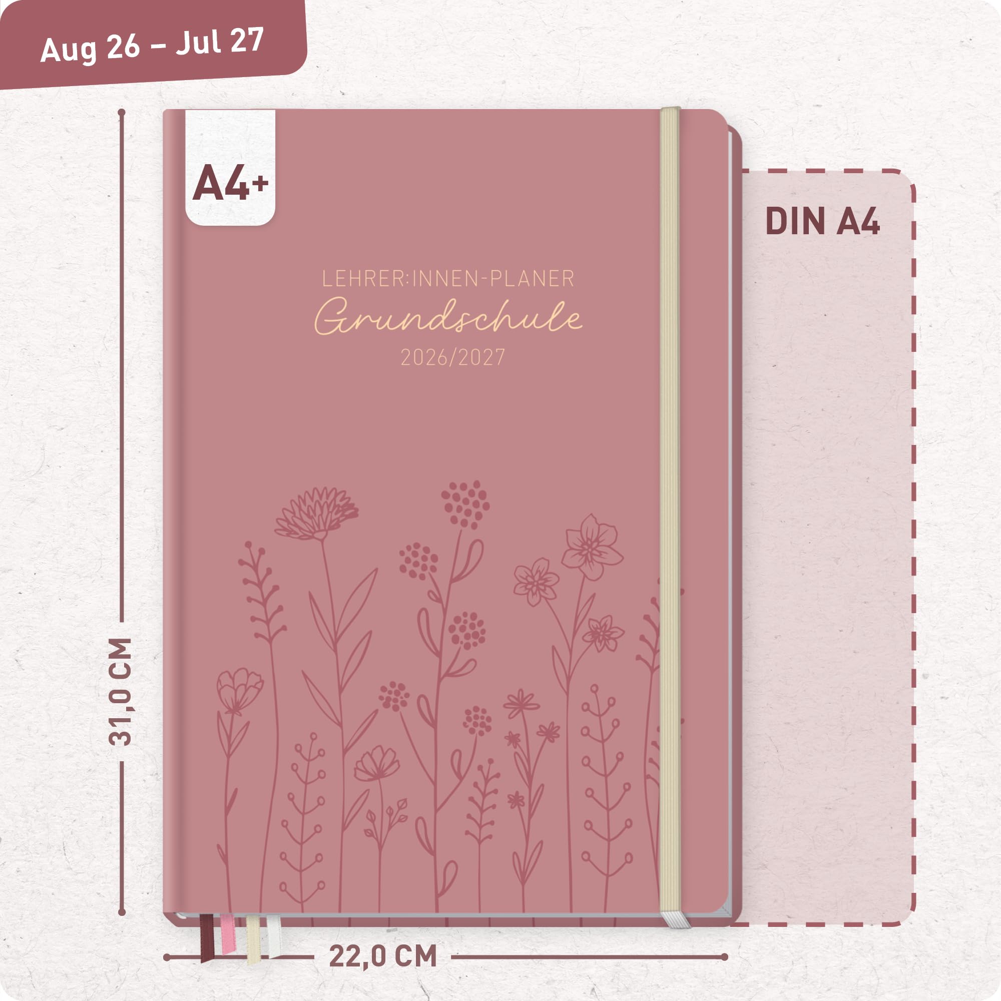 Häfft® Lehrerplaner Grundschule 2026/2027 im A4+ Format Hardcover - Schuljahr 12 Monate (Aug 26 - Jul 27) Lehrerkalender & Unterrichtsplaner für Klasse 1–4 "Fine Flowers rosé"